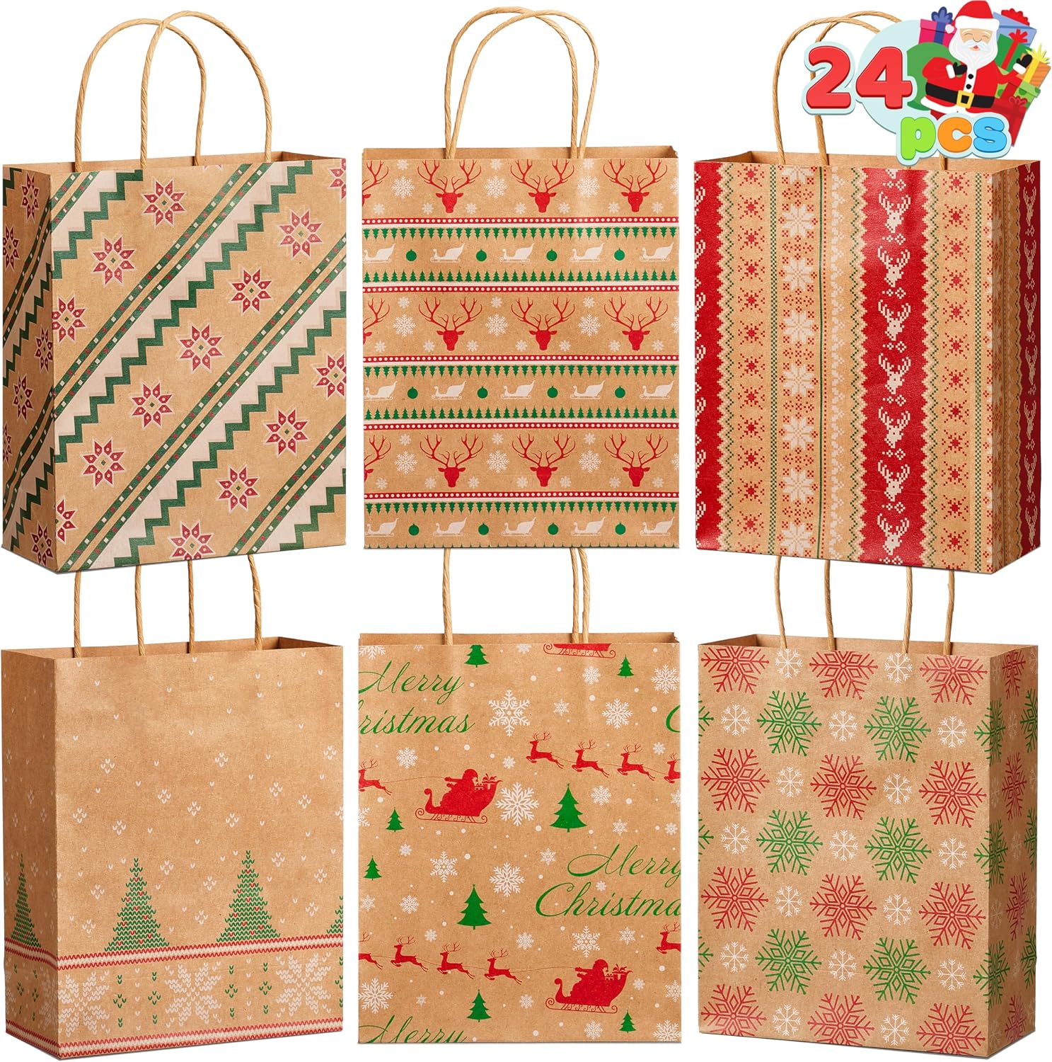 JOYIN 24 PCS Christmas Kraft Goody Bags with Handles, Holiday Paper Gift Bags for Wrapping Xmas Treat Candy, Wedding and Party Favors, Giant Gift Decorations, Classroom Use (9" x 7.3" x 3.3")