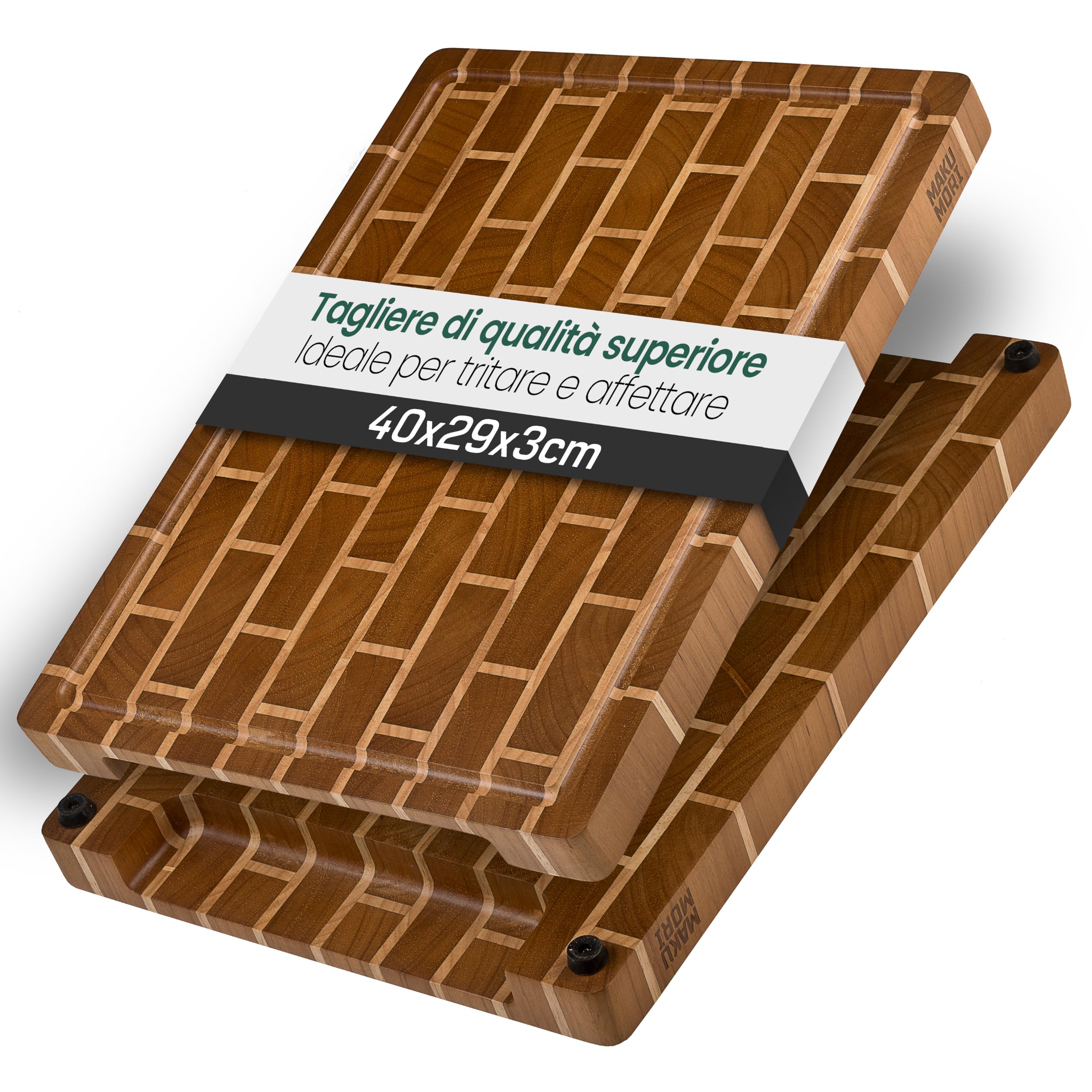 Premium Tagliere Legno di Testa 40x29x3cm Ladrillo Oscuro | Tagliere da cucina in hevea carbonizzato; FSC®; scanalatura per succhi; ampi manici; piedini in gomma antiscivolo