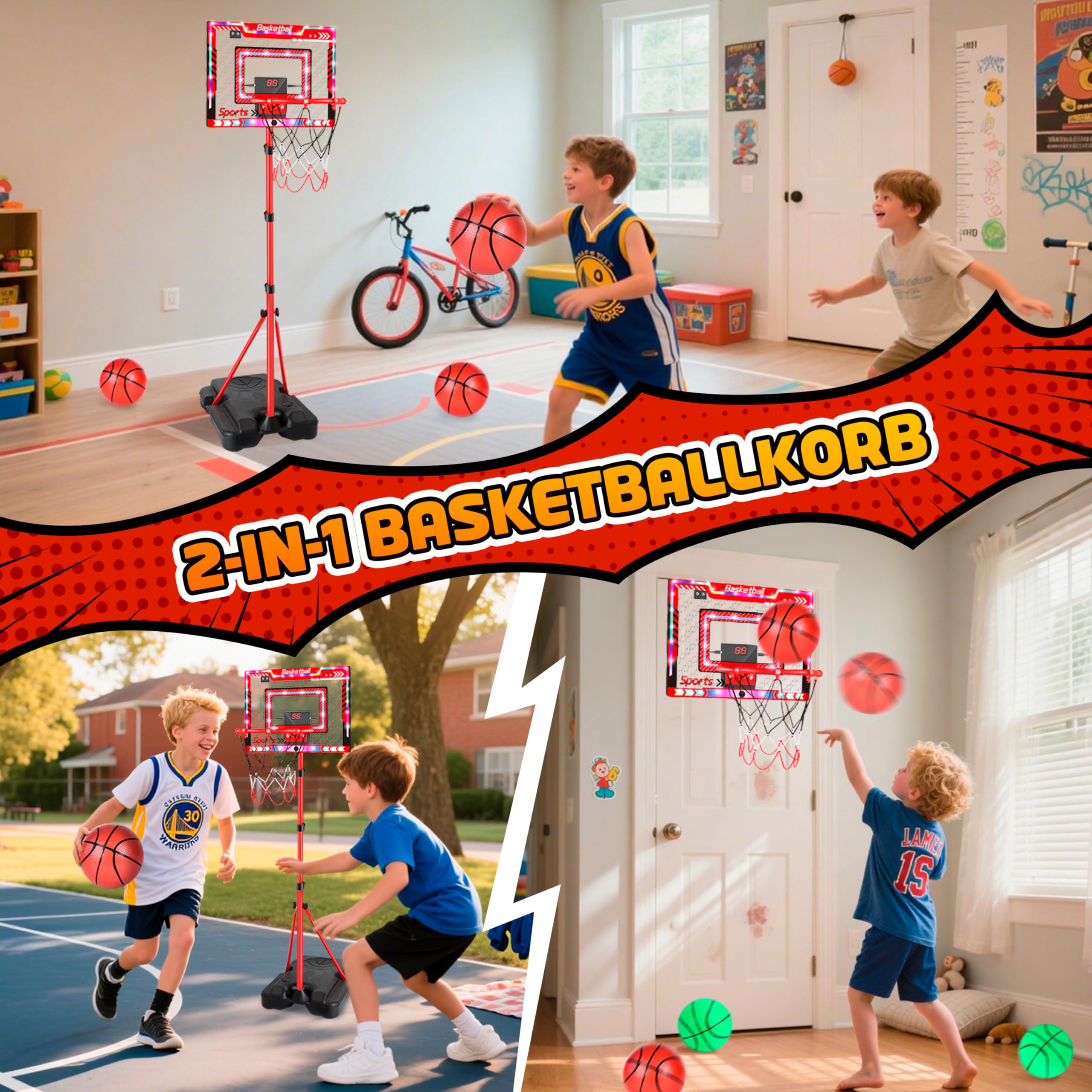 Charmofun Basketballkorb für Kinder, Höhenverstellbar 105-183cm, Kinderspielzeug Basketball Hoop mit 5 Ball, Basketball Korb mit Anzeigetafel, Lichter, Indoor Outdoor Spielzeug für Jungen Mädchen