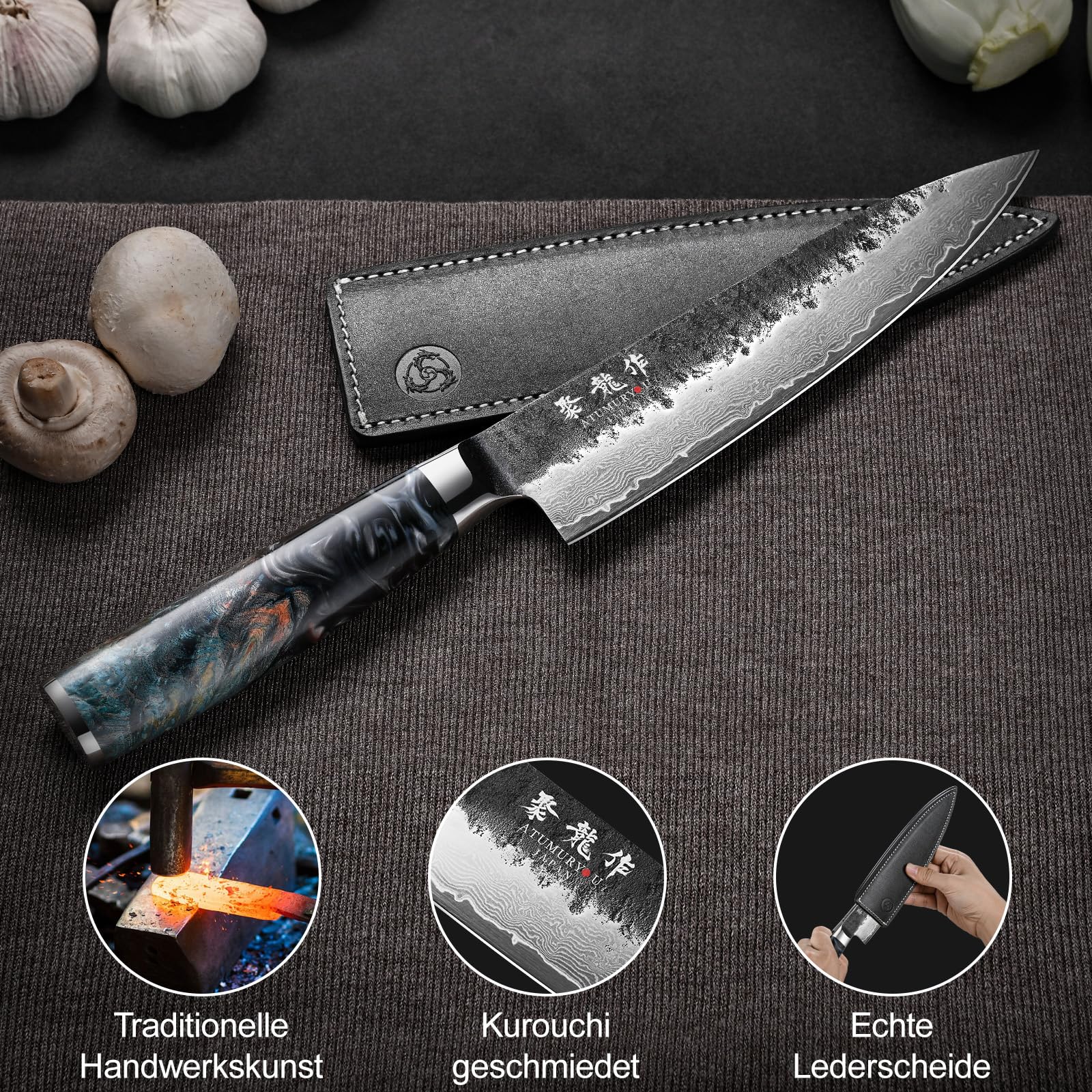 Atumuryou Japanisches Messer, Damast Küchenmesser Kochmesser aus VG10-Stahl, Handgeschmiedetes Damastmesser aus 67 Schichten Damaststahl, 20CM Profi Scharf Japanisches Küchenmesser & Harzgriff