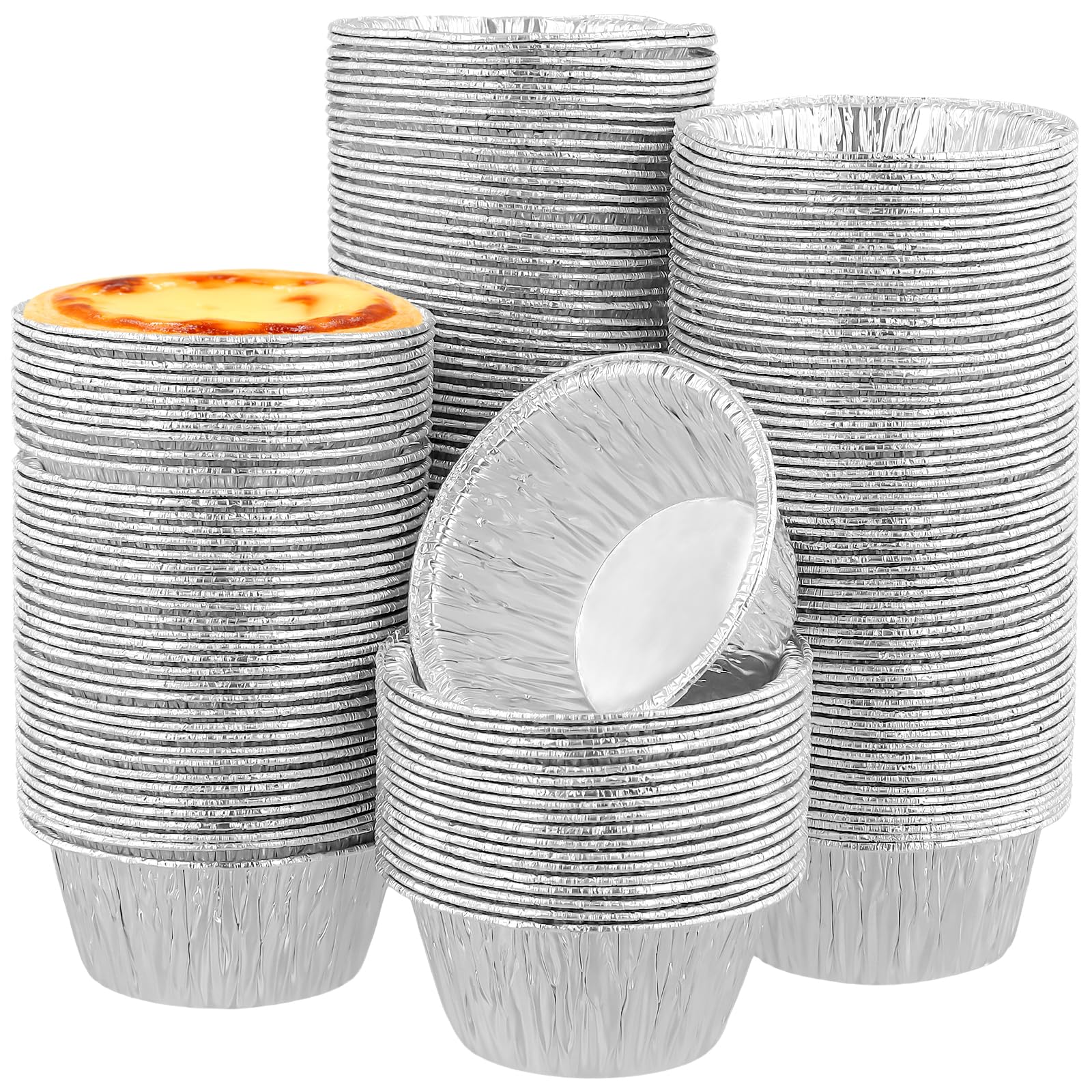 Paquete de 300 bandejas redondas de aluminio para hornear, 9 x 9 x 3,6 cm, moldes de aluminio para hornear, pasteles, quiche