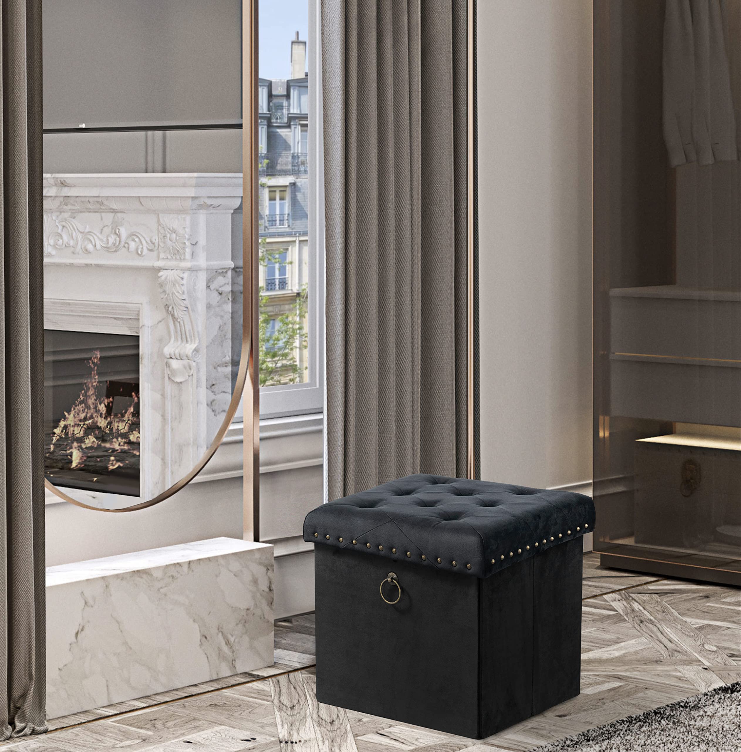 Chic HomeSassy Storage Ottoman Velvet Upholstered Antique Brass Nailhead Trim and Ring Pull Tufted Removable Top with Discrete Interior Compartment, Modern Transitional, Black