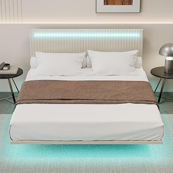 Floating Bed Frame Full with Headboard, Black Bed Frames Full Size with Led Lights & Storage, Velvet Platform Bedframe with Sturdy Legs for Bedroom, No Box Spring Needed Beige + Full
