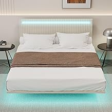 Floating Bed Frame Full with Headboard, Black Bed Frames Full Size with Led Lights & Storage, Velvet Platform Bedframe with Sturdy Legs for Bedroom, No Box Spring Needed Beige + Queen