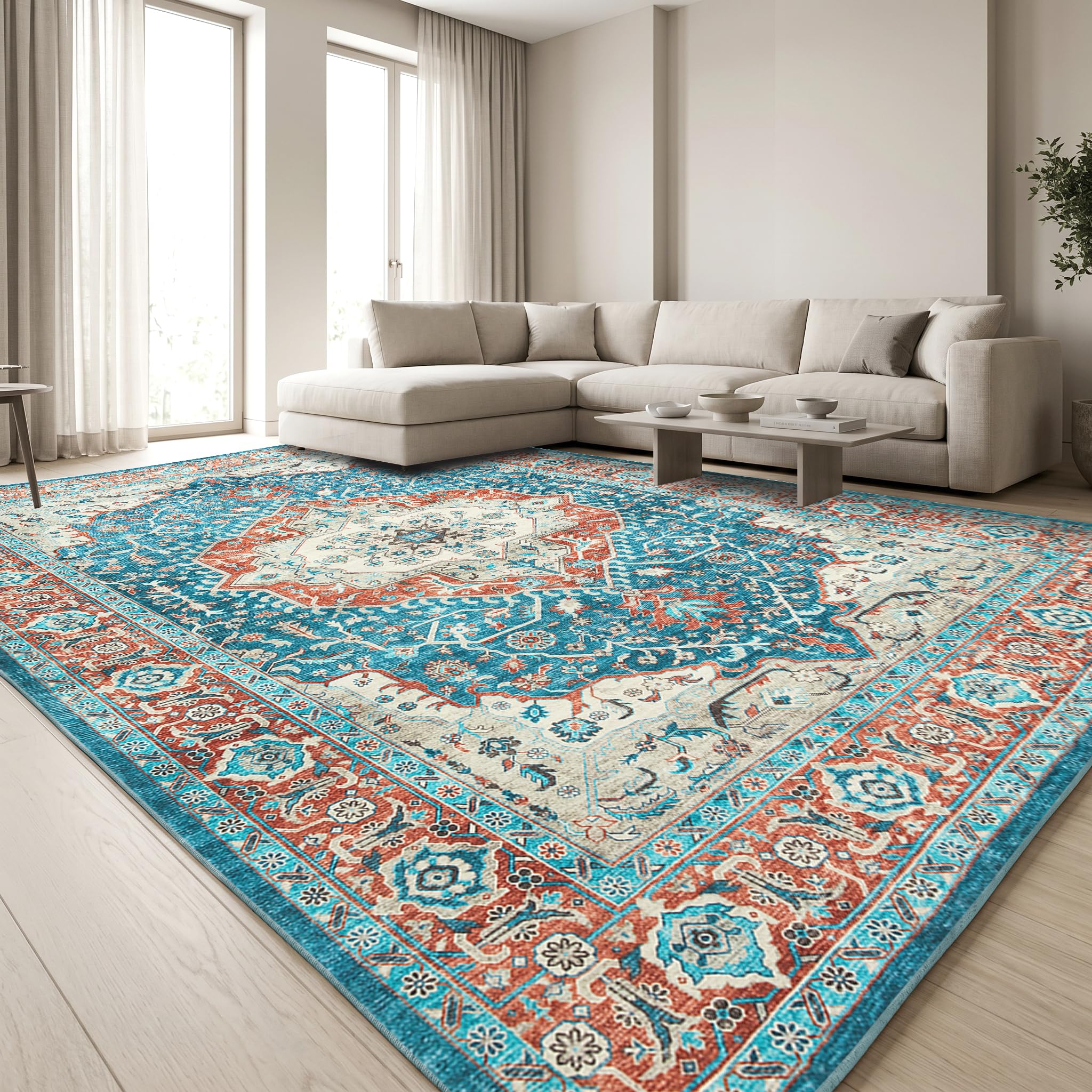 Aspire Homeware Machine Washable Extra Large Orange Teal Rugs Living Room 200x290 cm Low Pile Area Rugs For Bedroom, Dining Room, Soft Non Slip Carpet for Kids Room Vintage Design Boho Rug, Regal