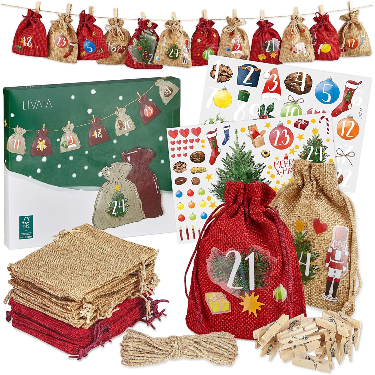 Adventskalender zum Befüllen 2025 - Jute Adventskalender zum Selbstbefüllen mit Beuteln, Stickern und Zahlen Aufkleber - Adventskalender zum Basteln - DIY Adventskalender Selber Befüllen LIVAIA