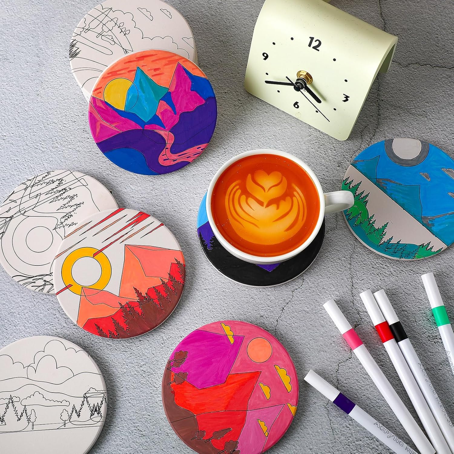 Potchen 12 Pcs Color Your Own Coaster Ceramic DIY Kits for Adults Absorbent Drink Coasters with Cork Base and 12 Markers for Adult Home Table DIY Art Crafts Gift