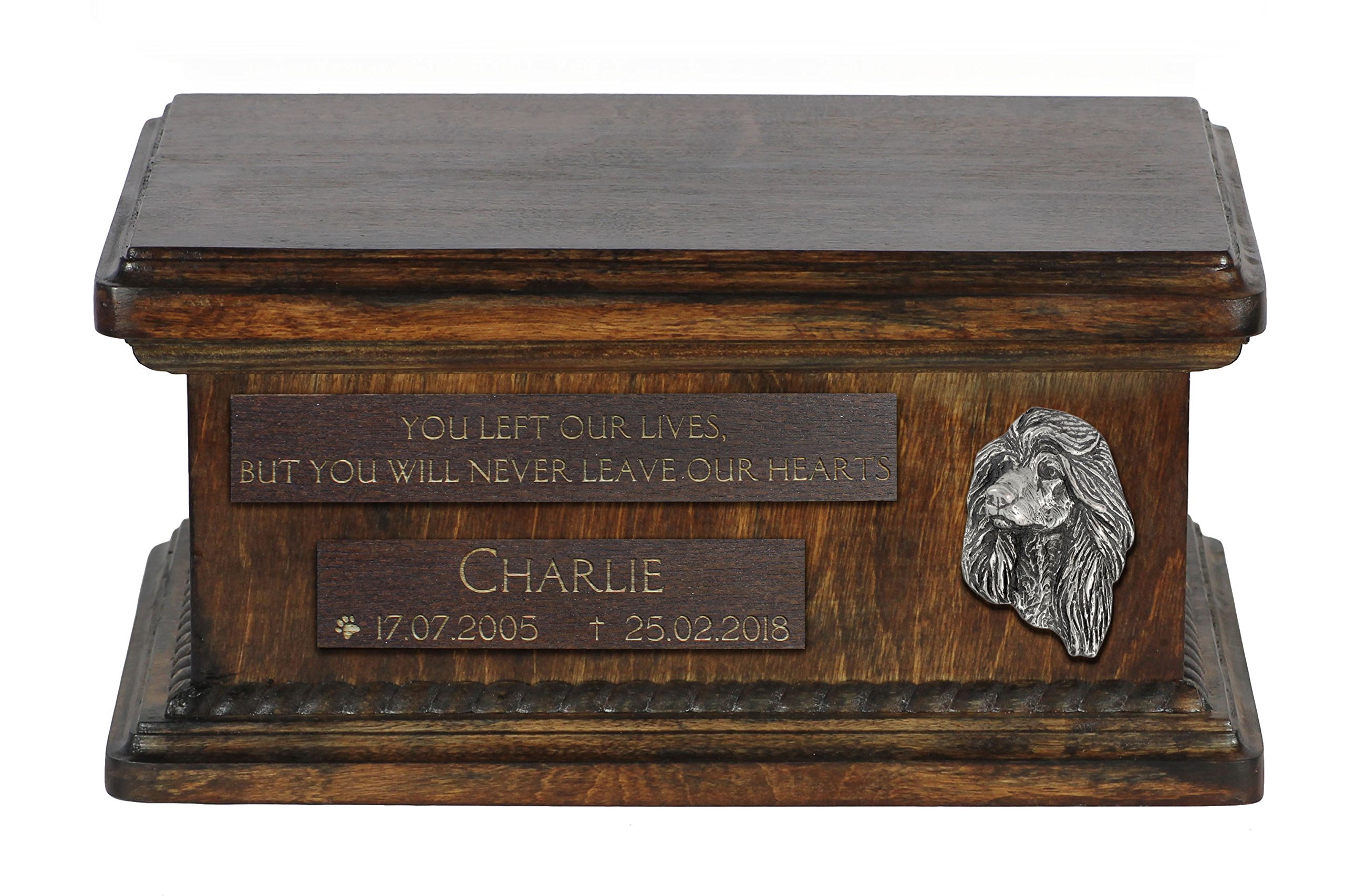 Urne cendres chien lévrier afghan monument funéraire bronze et bois