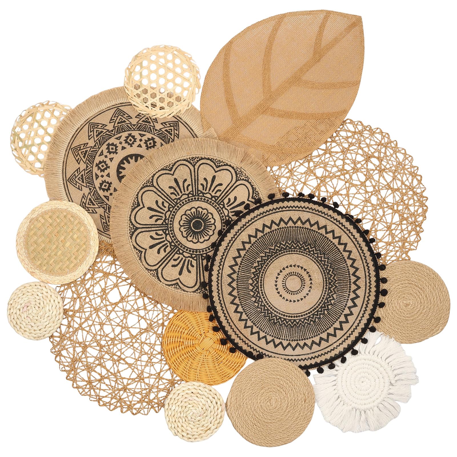 CBWERBB 15Pcs Boho Wall Basket Decor Set,Rustic Round Wall Hanging Woven Basket Rattan Decor,Multi Size Handmade Macrame Woven Baskets for Living Room Bedroom Dining Room Office Farmhouse Nursery