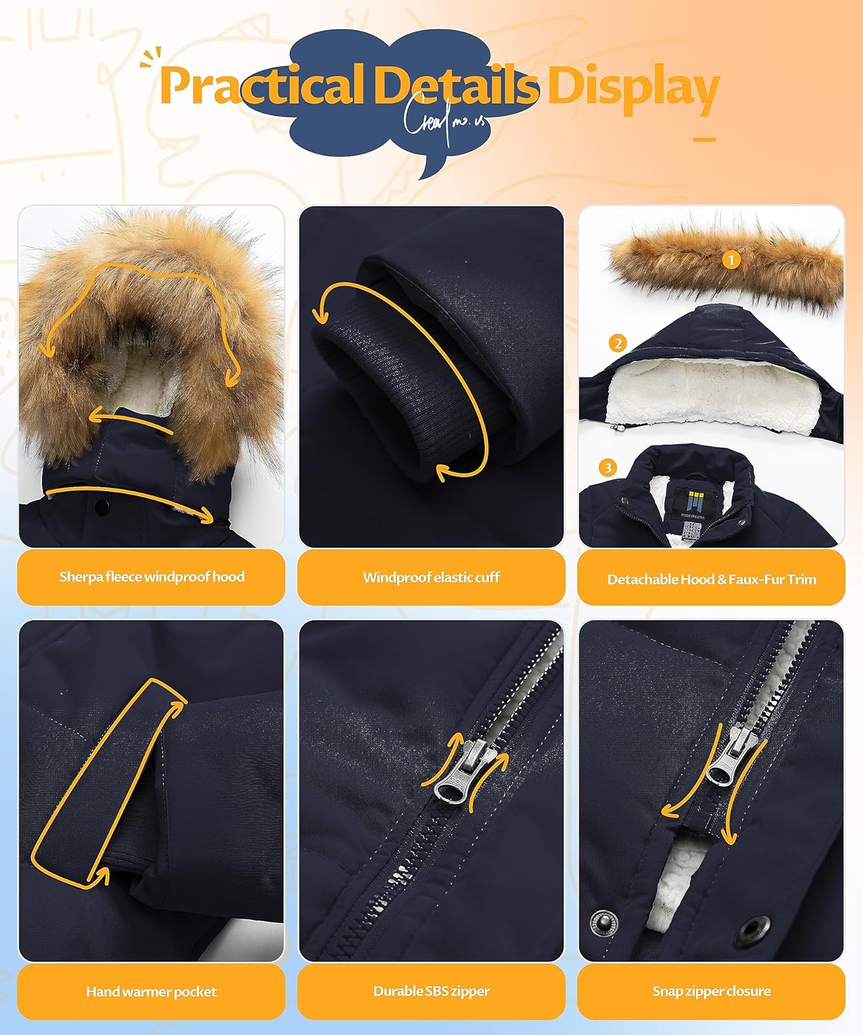 CREATMO US Boy's Sherpa Long Parka Winter Coat Thicken Water Repellent Puffer Jacket With Removable Faux Fur Hood - Image 6