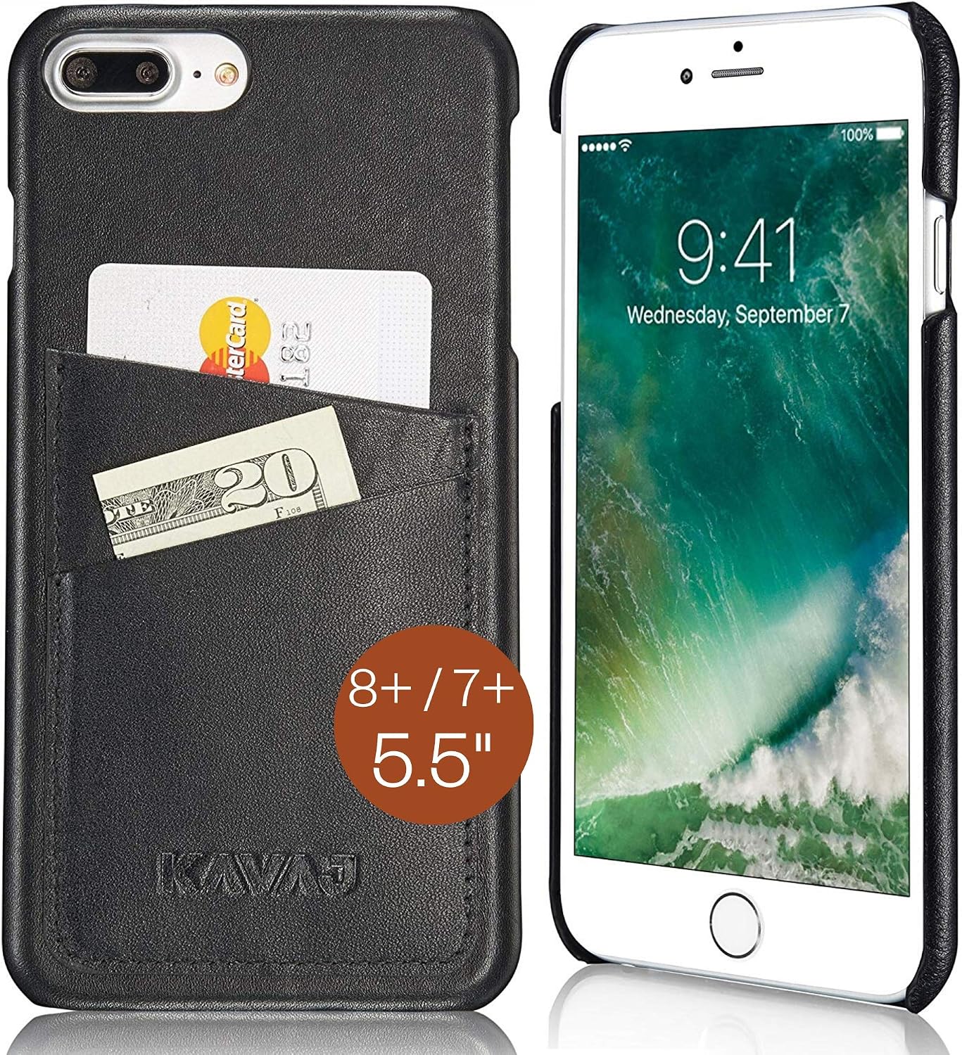KAVAJ iPhone 8 Plus iPhone 7 Plus Case Leather Tokyo Black Slim-Fit Genuine Leather iPhone 8 Plus Wallet Case Leather iPhone 8 Plus Bumper Case with Business Card Holder Cover for Apple iPhone8 Plus