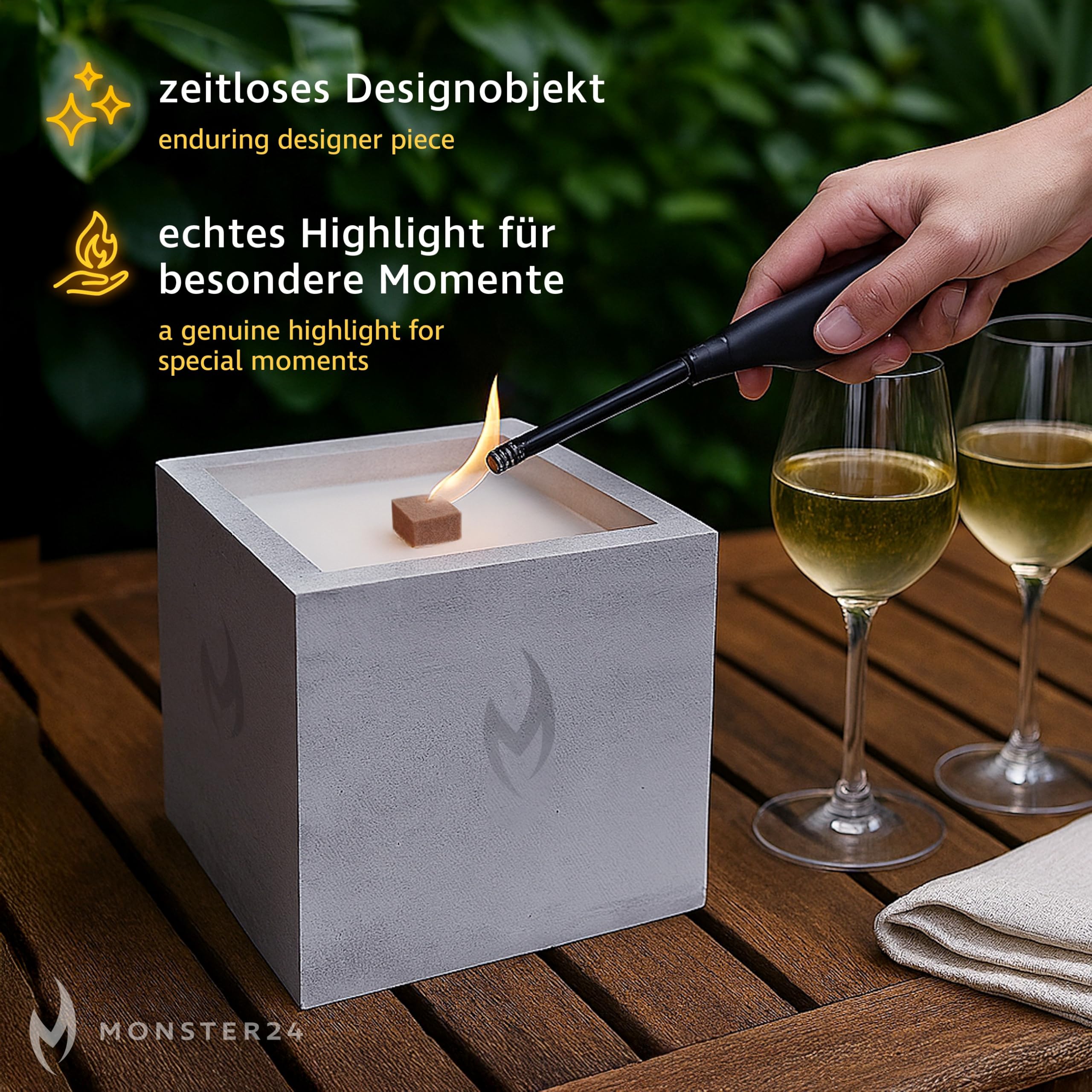 Monster24 Betonkerze Outdoor 15x15x15 cm mit Dauerdocht – Tischfeuer mit Bambusdeckel - Windfestes Gartenlicht, Gartenfackel für Terrasse Balkon - Beton Tischkerze wiederbefüllbar als Outdoor-Deko