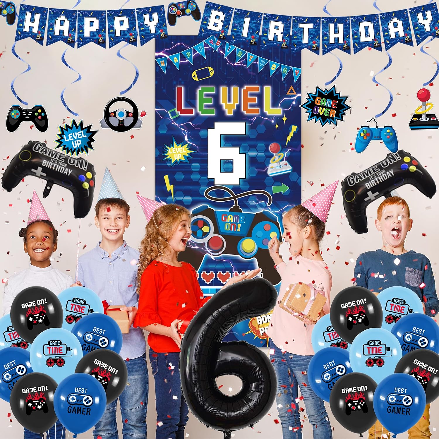 Vlipoeasn Blue 6th Birthday Decorations for Boys, Video Game Level 6 Banner Backdrop Hanging Swirls for 6th Birthday Party, Gamer 6 Years Old Party Supplies