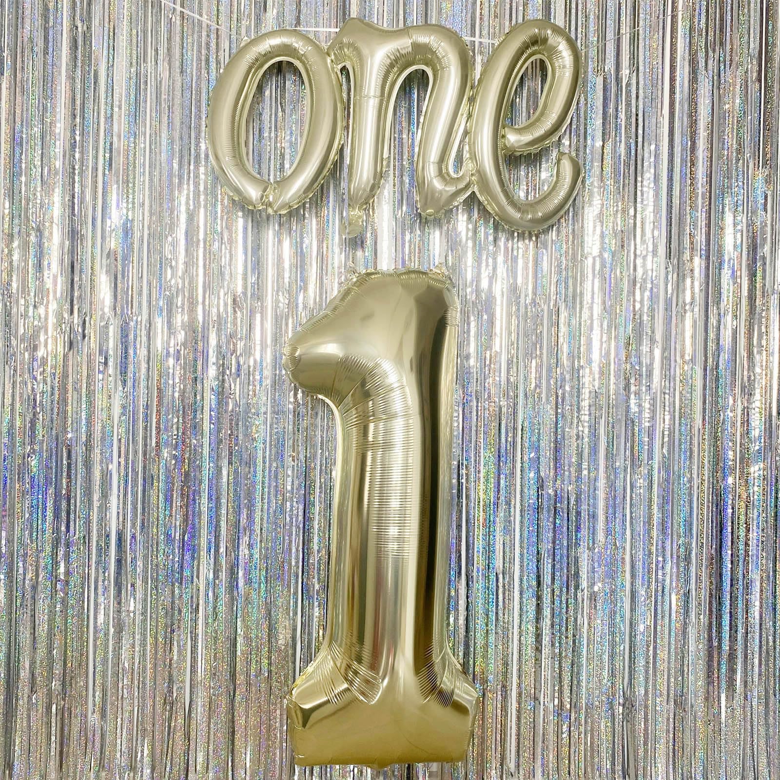 2Pcs Champagne Gold One Balloon Set, 40inch Large Foil White Gold Number 1 Balloon and 26inch Script Letter One Banner for Boy or Girl 1st Birthday Decorations