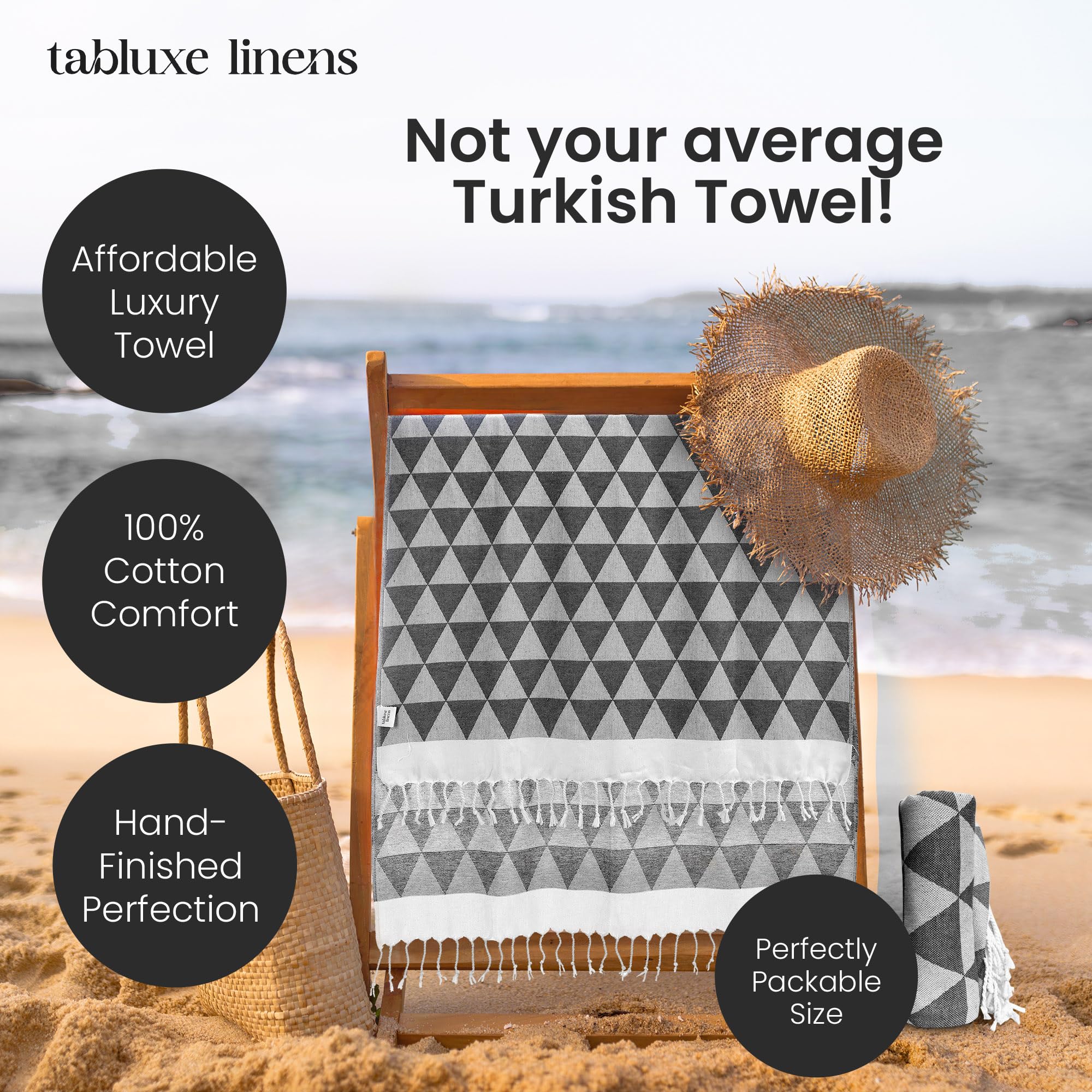 Tabluxe Turkish Beach Towel – 35x70 Inch Lightweight & Quick-Drying, Black Aztec Design For Bath, Pool, & Travel - View #10