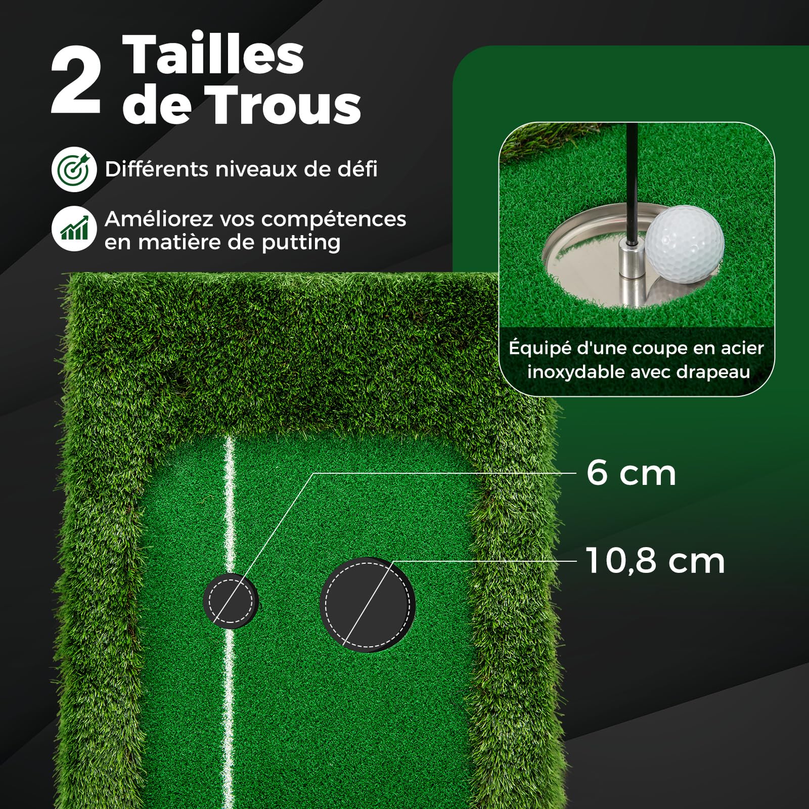 COSTWAY Tapis de Putting Entraînement Golf de 300 cm, Golf Putting Gazon Artificiel avec 3 Balles de Golf et 2 Tailles de Trou pour Fête, Tapis d'Entraînement pour Intérieur/Extérieur