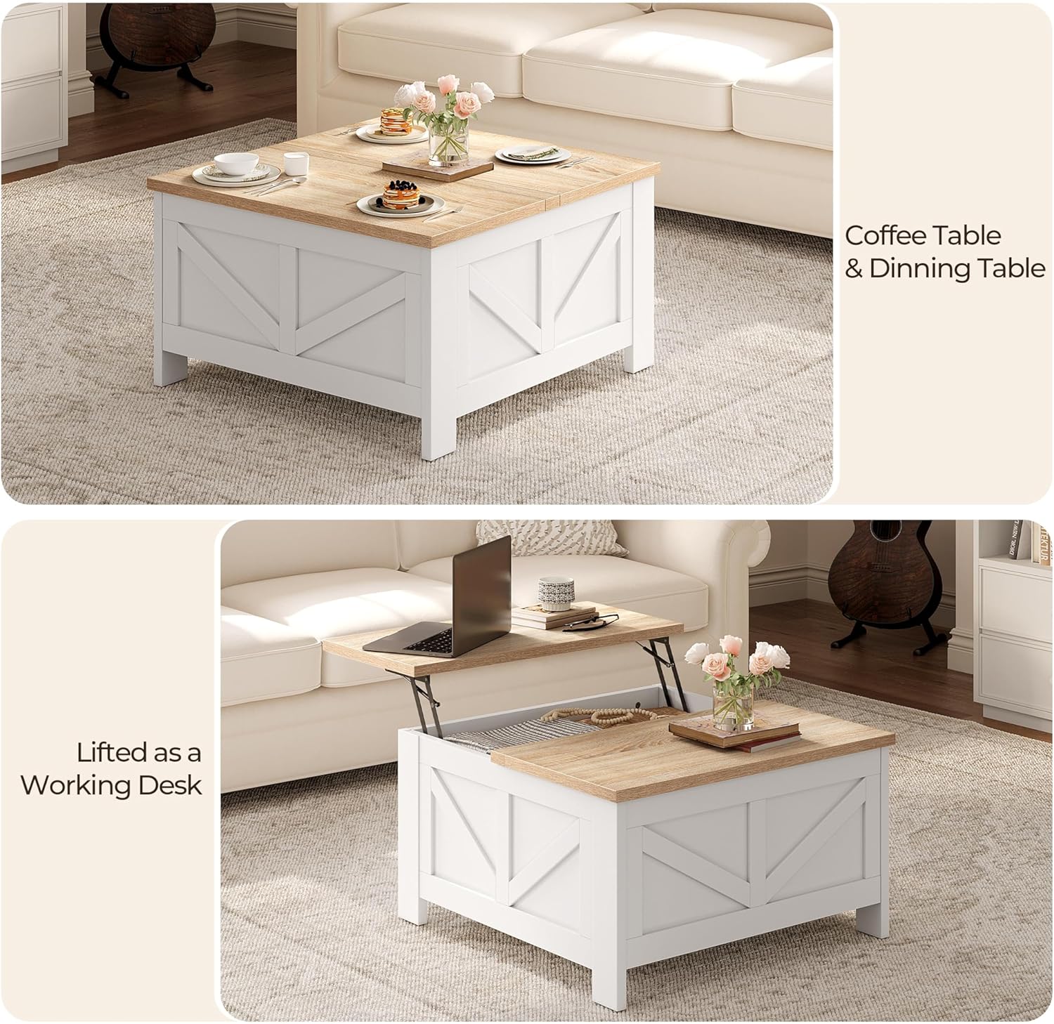 Yaheetech Farmhouse Lift Top Coffee Table with Storage, Square Coffee Table for Living Room, 31.5 Inches Center Tables with Large Hidden Storage Compartment for Home Office, White & Light Oak