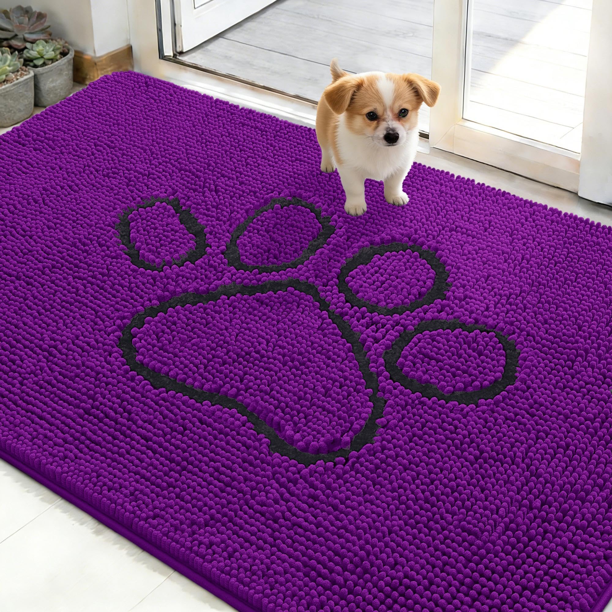 OLANLY Dog Door Mat for Muddy Paws 48x30, Paw Print Design Chenille Mud Mat