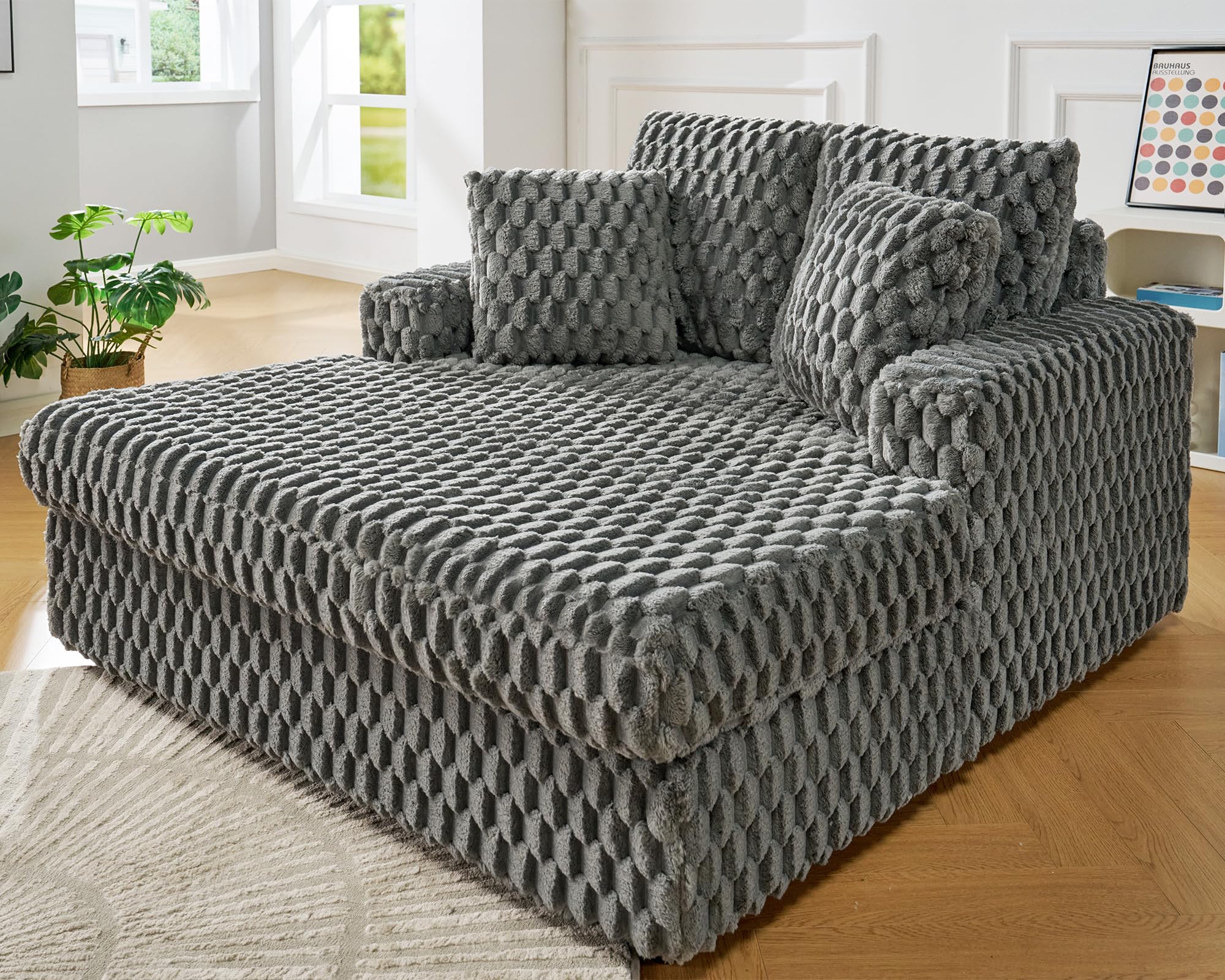 VanAcc 53 Inch Chaise Lounge Indoor, Upholstered Sofa Bed with Throw Pillows and Armrests, Sleeper Bed- Plush Lounge Chair for Living Room, Ash Grey