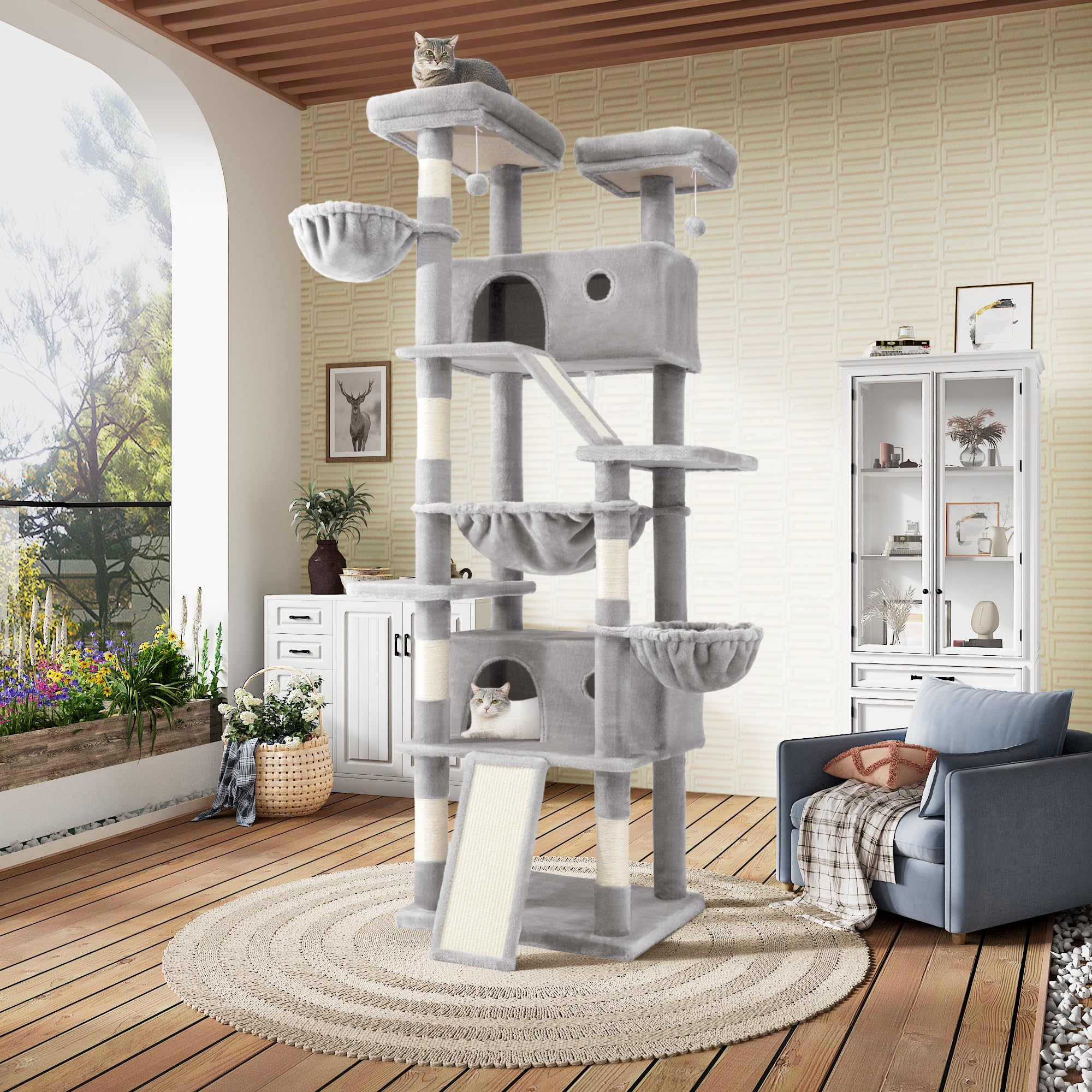 SHA CERLIN 81in Multi-Level Tall Cat Tree Tower for Indoor Kitties/Larger Cat Condo Furniture with Hammock/Cozy Pussycat Perches/Sisal Scratching Posts/Pet House/Wide Base/Grey