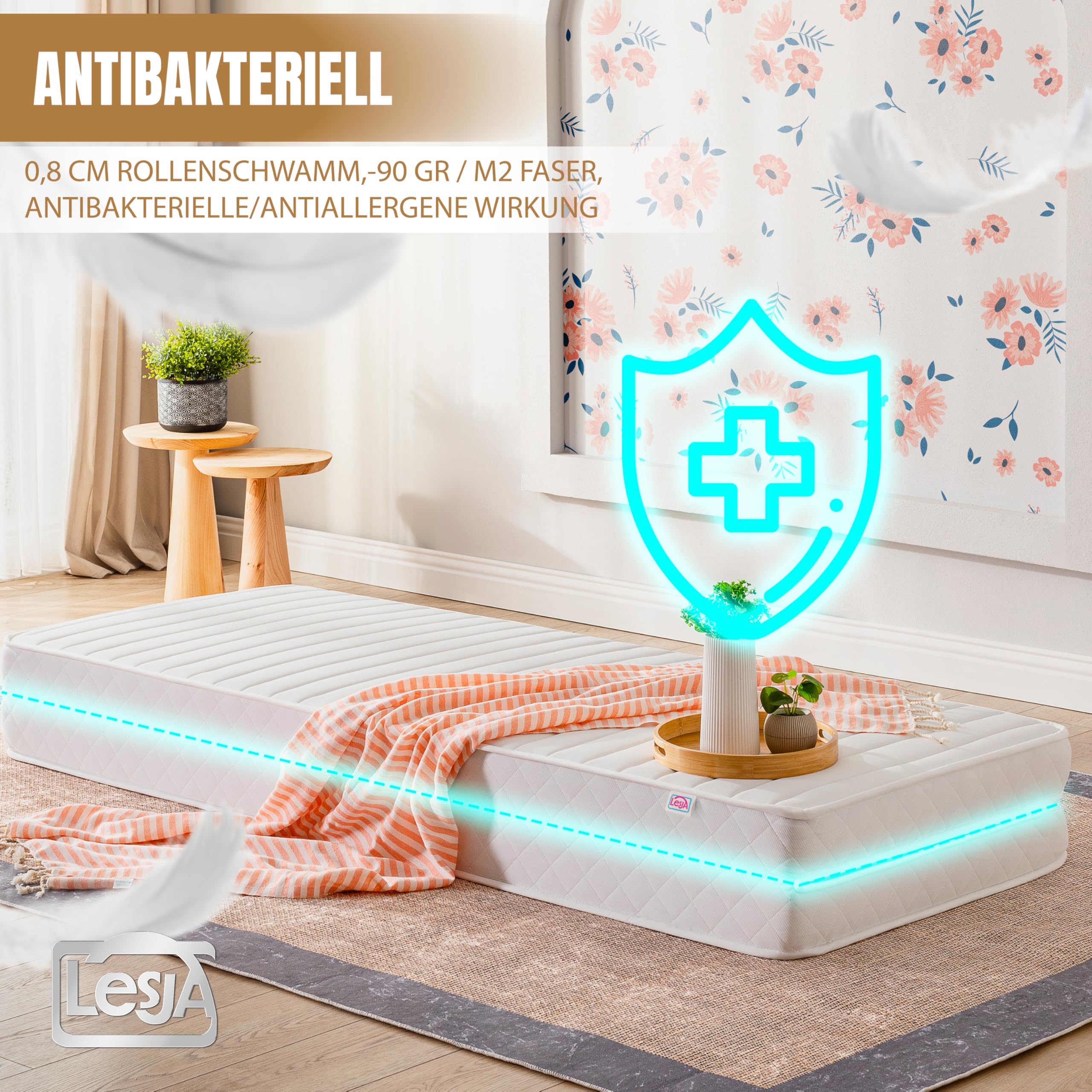LESJA Tagesbett Matratze 80x200 / 160x200 – Orthopädische Schaumstoffmatratze für Ausziehbett & Schlafsofa – Faltbare Ersatzmatratze mit 7-Zonen Komfort – H4 Mittelfest