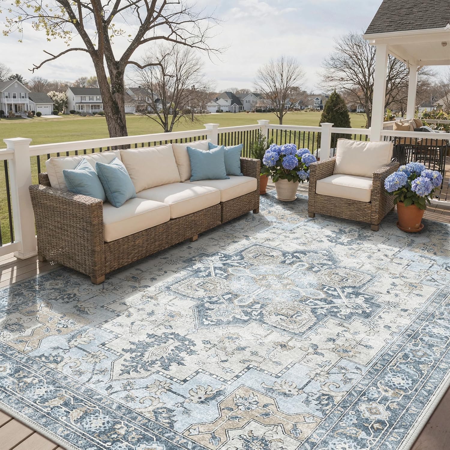 GENIMO Outdoor & Indoor Area Rug 10'x14', Waterproof, Non-Shedding, Easy Cleaning, Boho Mat for Patio, Living Room, Balcony, Dining Room, RV, Deck, Bedroom, Camping, Outside Carpet,Blue