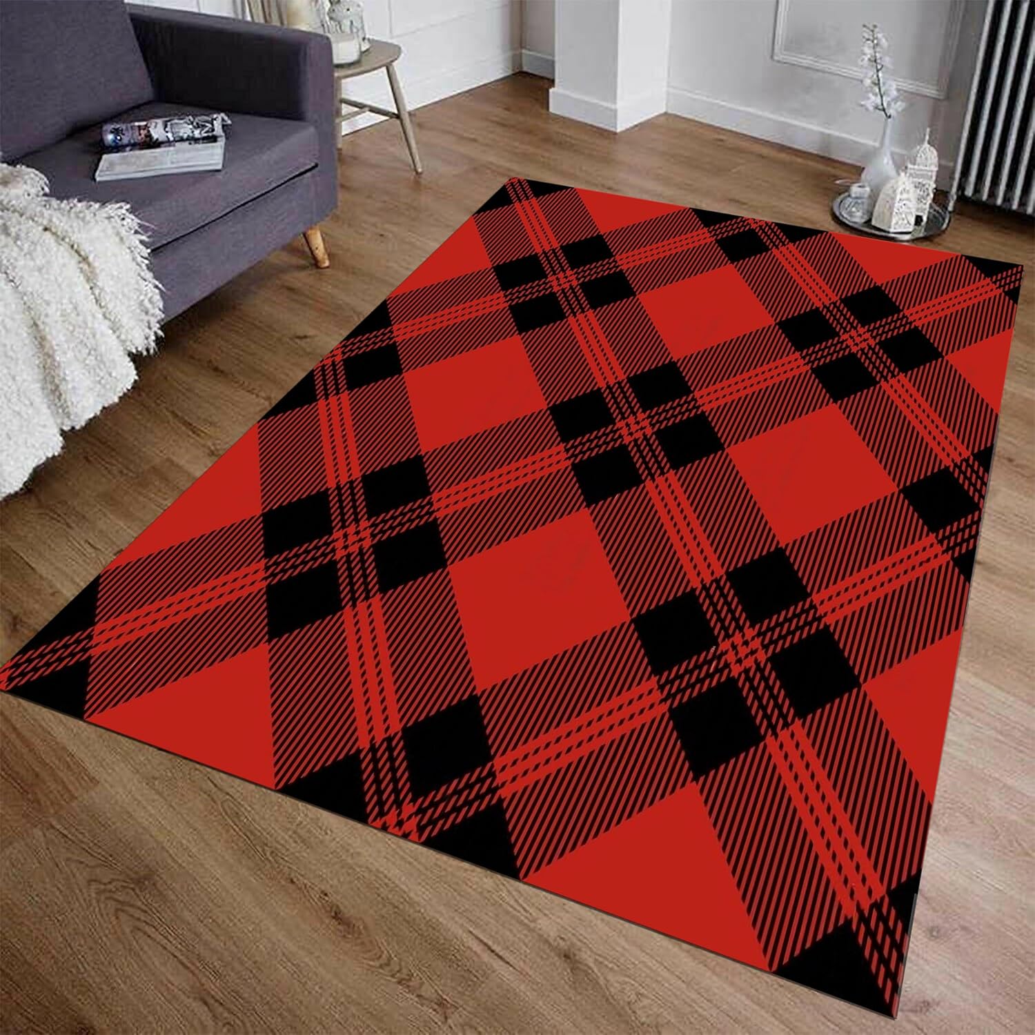 Traditional Scottish Washable Rug 2'x 3'Red Checkered Area Rug Non Slip Low Pile Rugs for Living Room, Bedroom, Dining Room, Playroom