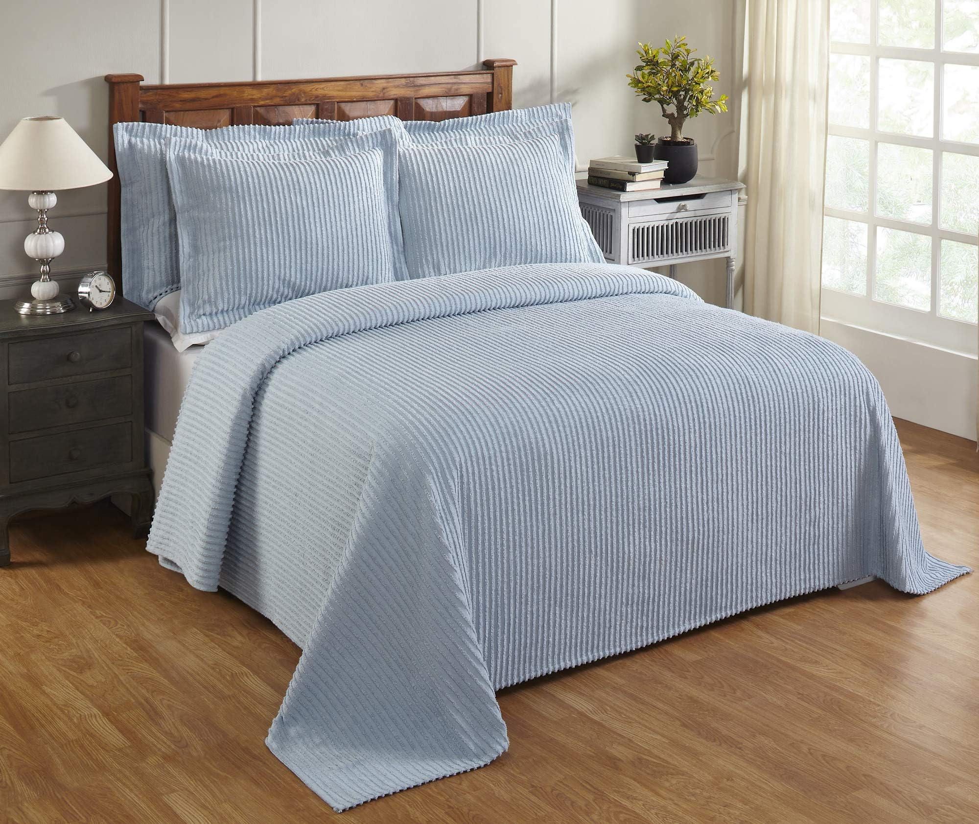 Better TrendsChenille Bedspreads Full/Double, Jullian Collection Bold Stripes Design in Blue - Super Soft, Lightweight Bedspreads, 100% Cotton Tufted Cotton Bedspreads & Bedding