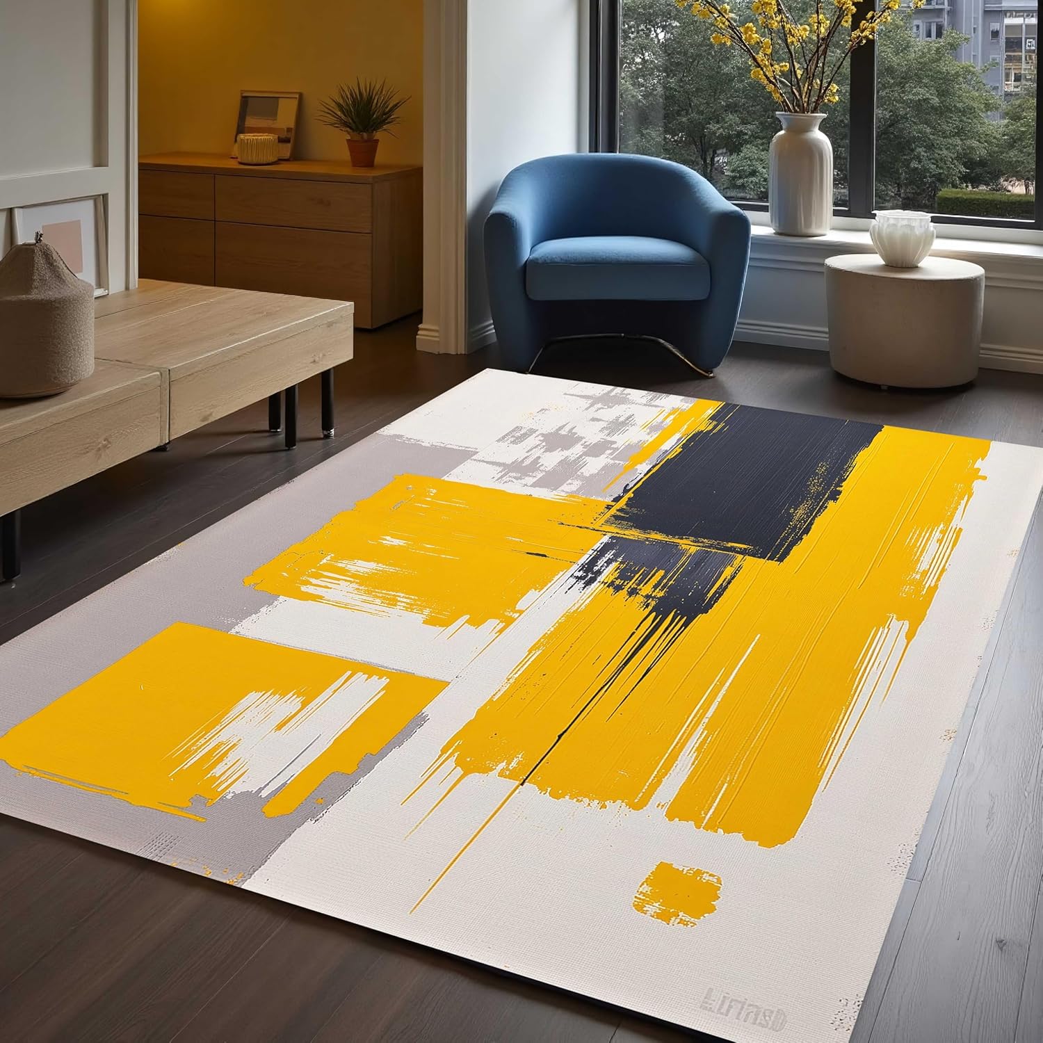 Vibrant Yellow Black Grey Modern Abstract Aesthetic Rug for Living Room Bedroom Machine Washable Soft Wool Shag Art Decor Carpet Under Diningroom Coffee Table Indoor Floorcover Rug Runner 5x8