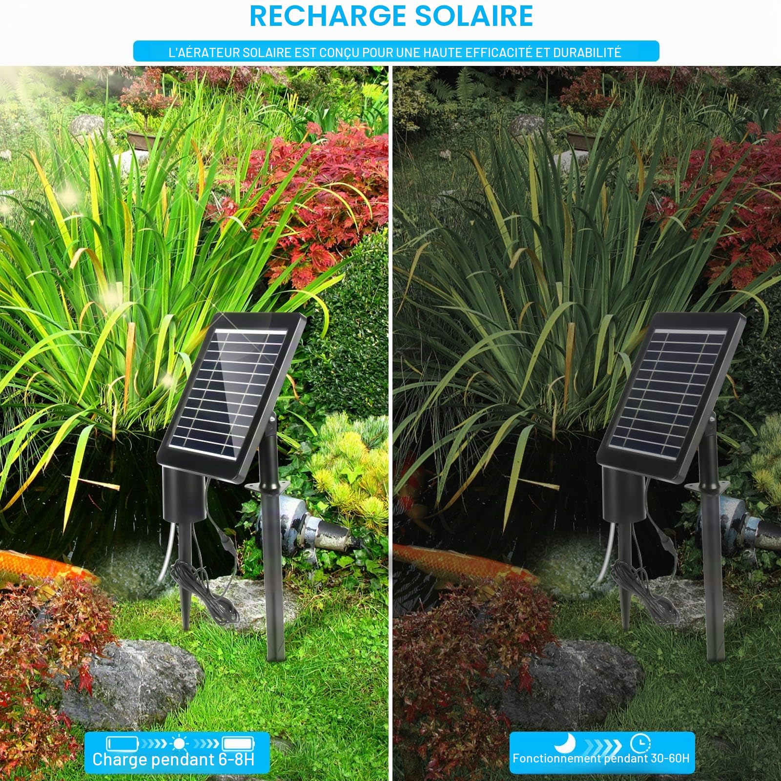 Weinsamkeit Pompe Solaire pour Bassin, 4W Pompe Bassin Solaire avec Batterie 2200mAh, 3 Mode, Pompe a Air Bassin avec Tube à Oxygène et 2 Pierre à Bulles d'air