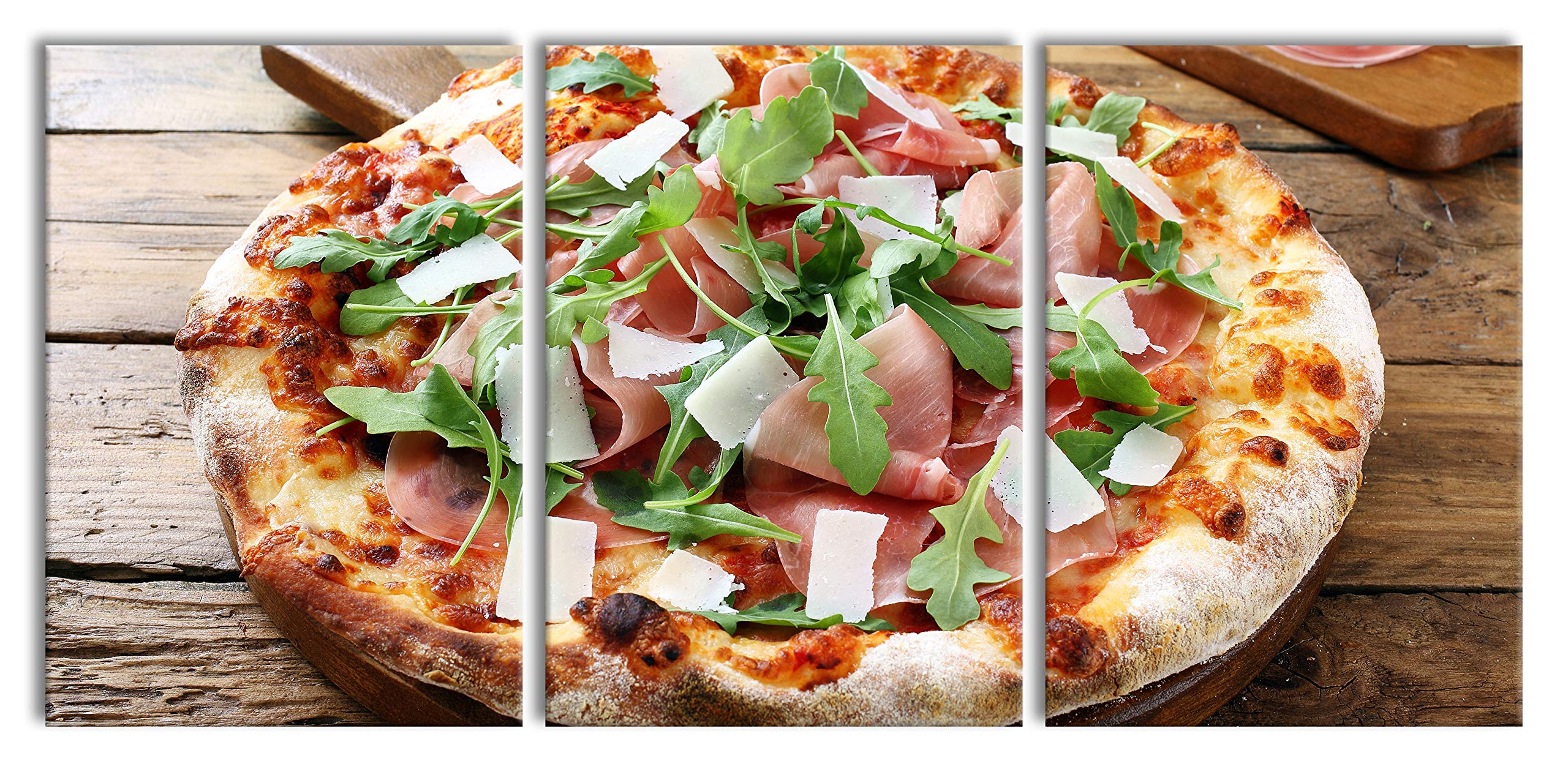 Pixxprint Prosciutto Pizza auf Holztisch als XXL Leinwandbild in Übergröße 210x100cm Gesamtmaß 3 teilig, Wandbild, Kunstdruck