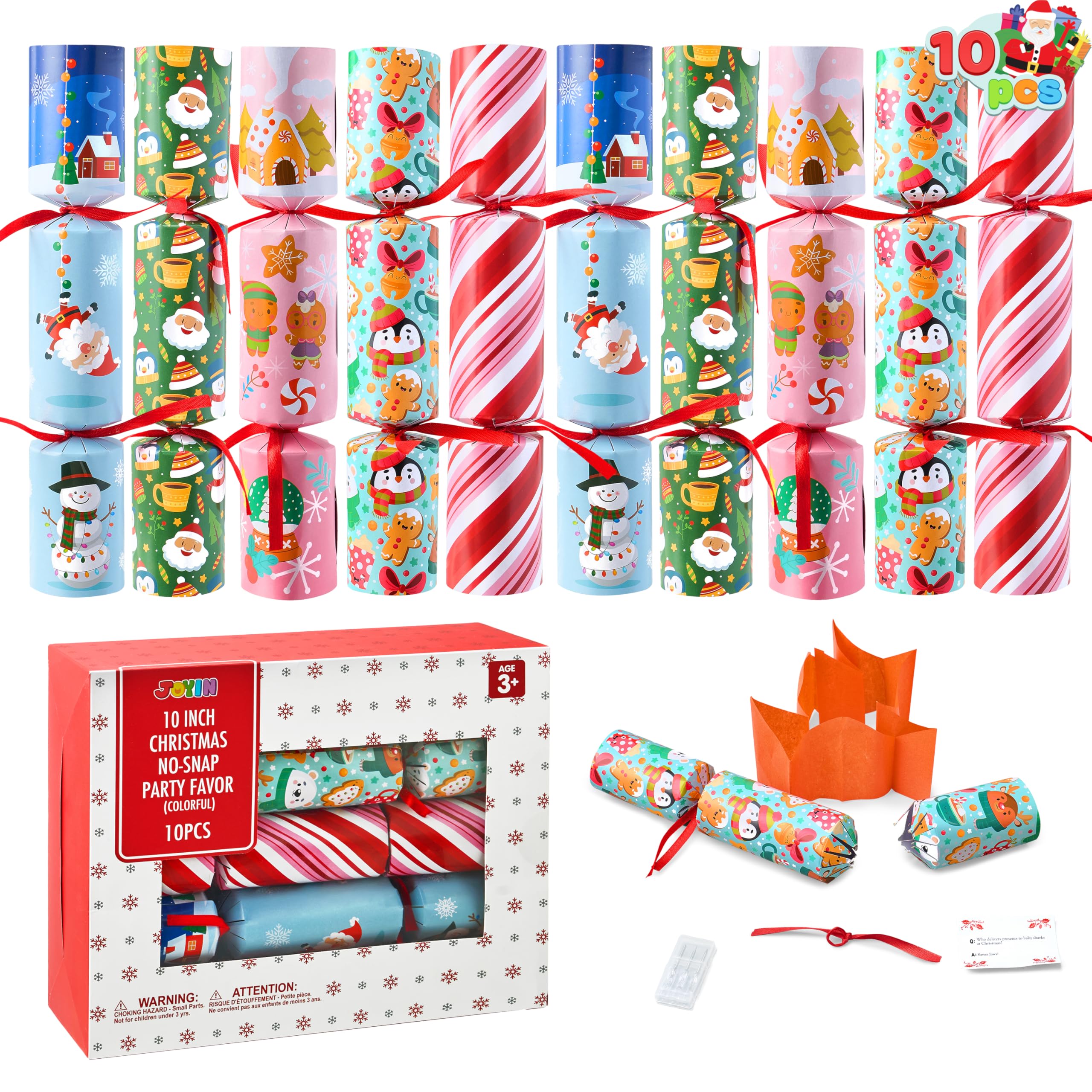 JOYIN 10 Pack Christmas No-Snap Party Favor, Xmas Table Favor Includes Party Hat, Jokes & Gifts, Christmas Table Decorations for Holiday Dinner