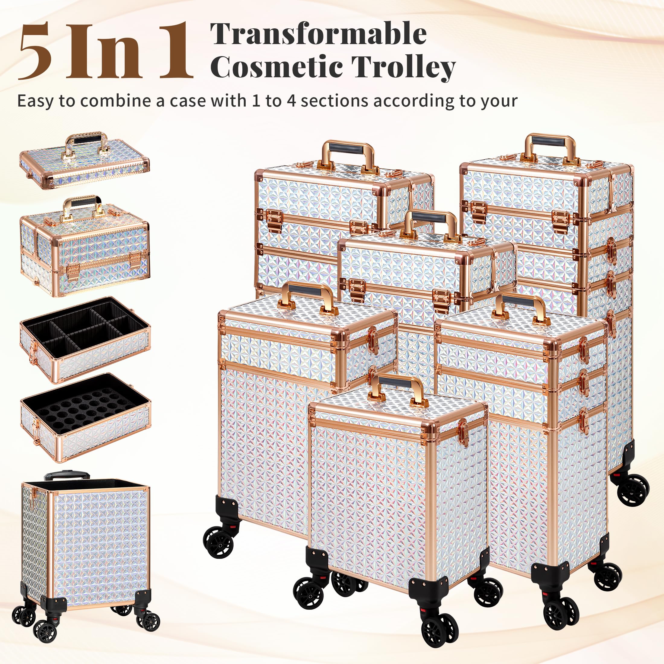 Arous Maletín profesional 5 en 1 con ruedas giratorias de aluminio, organizador de viaje de maquillaje, con ruedas giratorias de 360°, White, 5 en 1