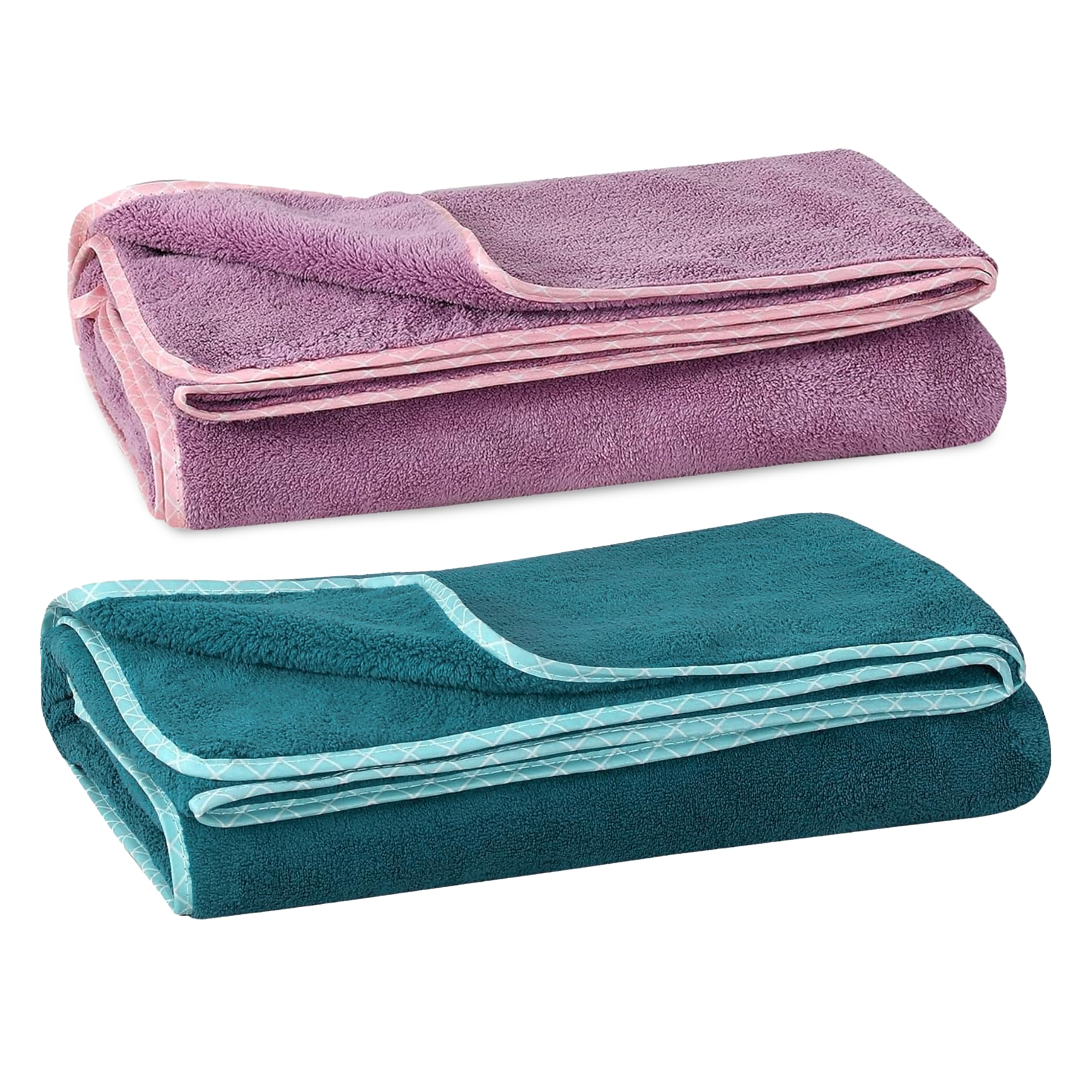UrbanLeaf Microfiber Large Bath Towel | Quick Dry Super Absorbent - Bath Towel for Men and Women | Peacock Green & Purple | Towel for Bath, Travel, Gym, Beach, Pool, and Yoga (70 X 140 CMs)