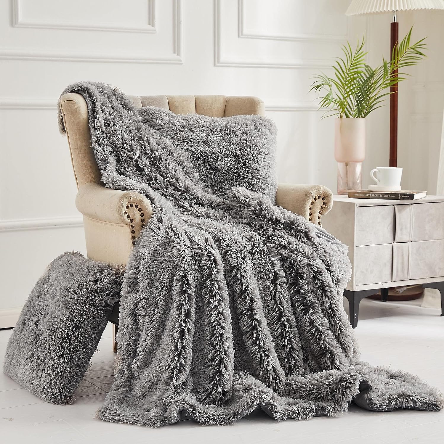 XeGe 3 Pieces Soft Faux Fur Throw Blanket and Pillow Covers Set Fluffy Furry Blanket 50x60 Shaggy Plush Fuzzy Blanket Fleece Throw Pillow Shams 20x20 for Bed Couch Sofa Living Room, Light Grey Ombre