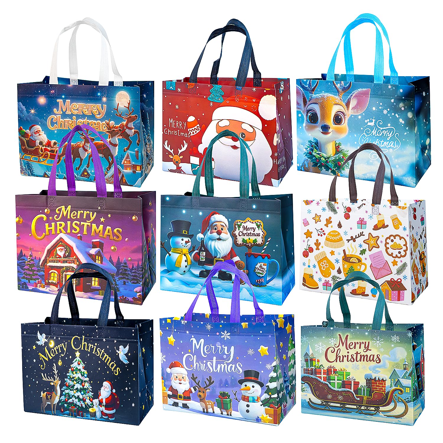 JWSCYSY 9Pcs Christmas Gift Bags, Reusable Non-Woven Tote Bags with Handles for Xmas Gifts Wrapping Holiday Party Supplies