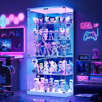 Glass Display Cabinet with RGB Lights - 5-Tiers Curio Cabinet Display Case with Lock, Frameless Tall Showcase Display Shelf for Collectibles & Legos, Living Room Bookcase Storage Cabinet (White)