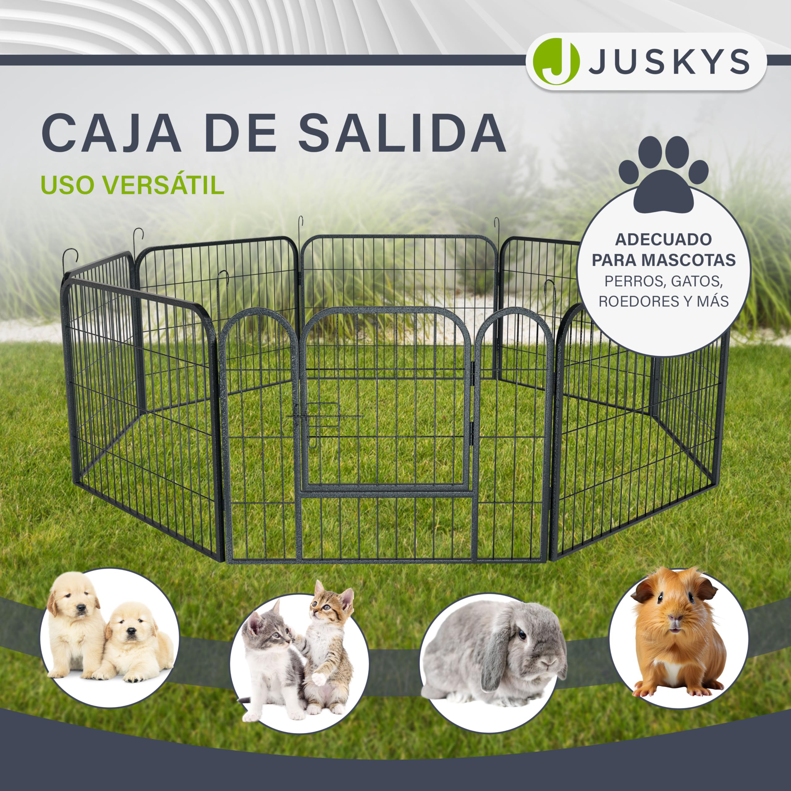 Juskys recinto para cachorros - Parque para cachorros 8 piezas de metal - recinto con puerta - Rejilla para cachorros, conejos y animales pequeños (160 x 160 x 60 cm)