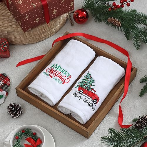Vista 5 de Paquete de 2 toallas de mano de Navidad, 100% algodón, 100% algodón, para decoración de baño y cocina, toallas de mano navideñas con lazo rojo Red