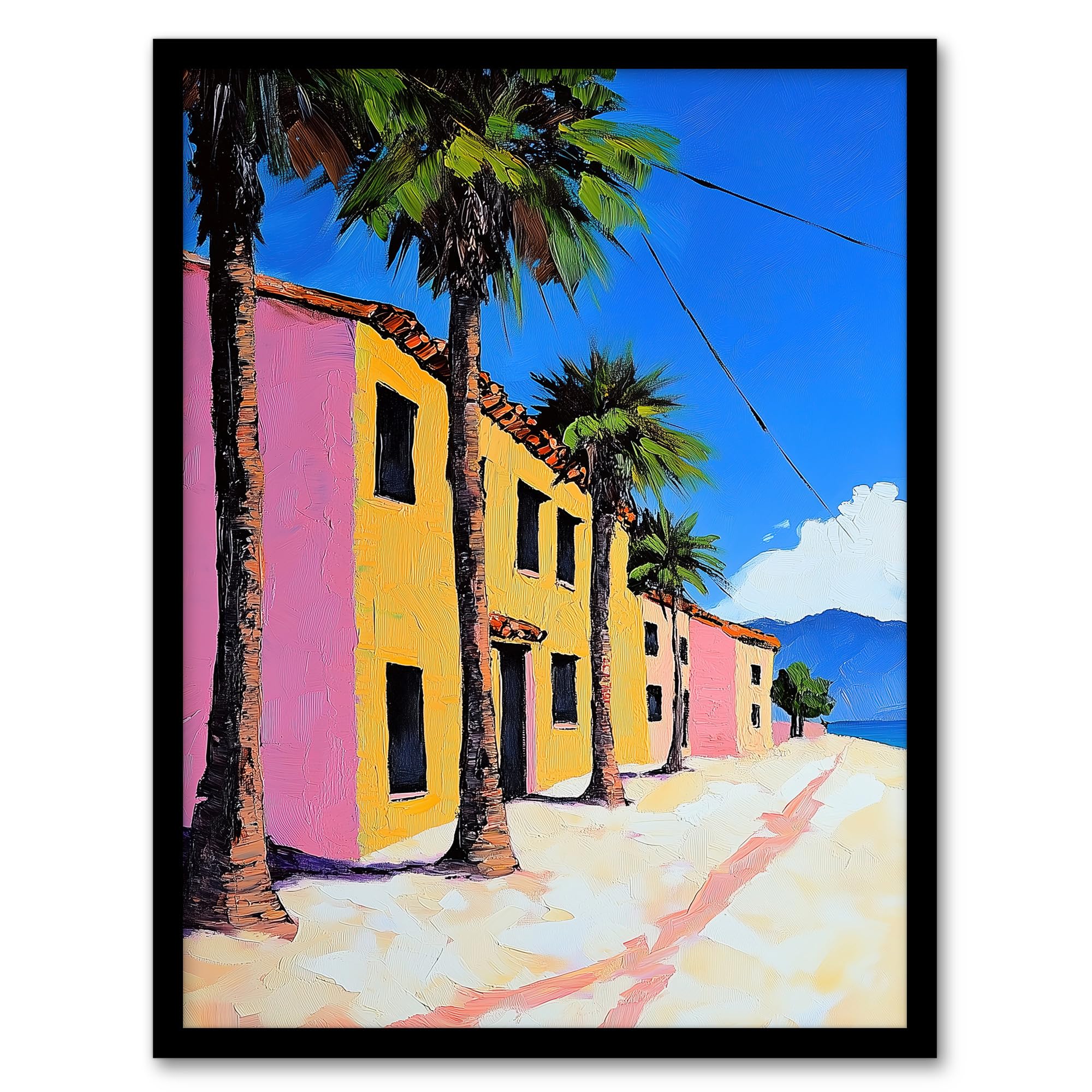 Artery8 Coastal Village Houses Palm Trees Spain Townscape Living Room Artwork Framed Wall Art Print A4