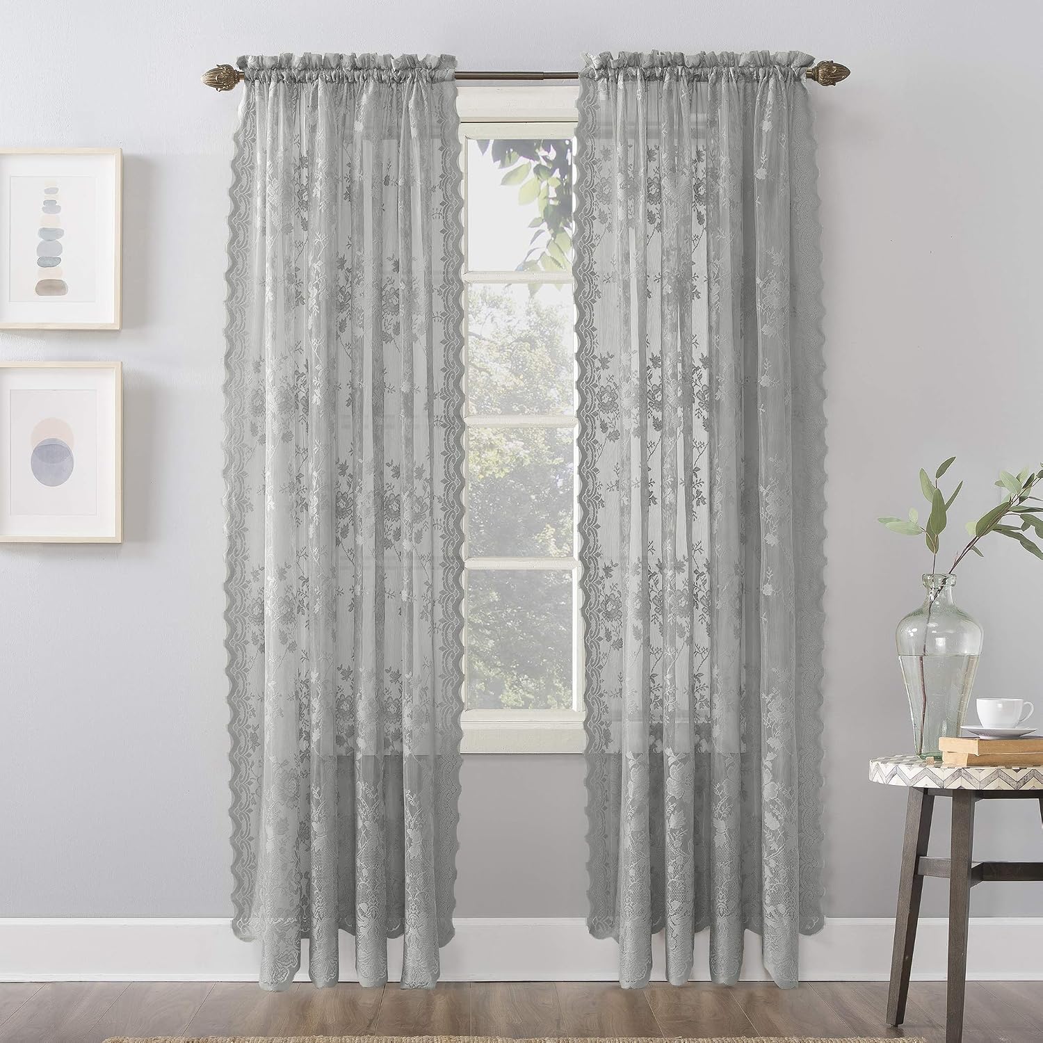 No. 918 Alison Floral Lace Sheer Rod Pocket Curtain Panel, 58" x 95", Dove Gray