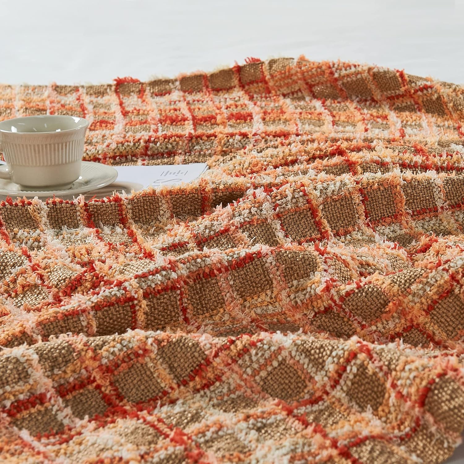 HESTIN Plaid Colored Fringe Tassels Throw, Warm Reversible Lightweight Blankets for Couch, Sofa, Bed, Camping, Outdoor Throw- All Seasons, Orange, 50" x 60"