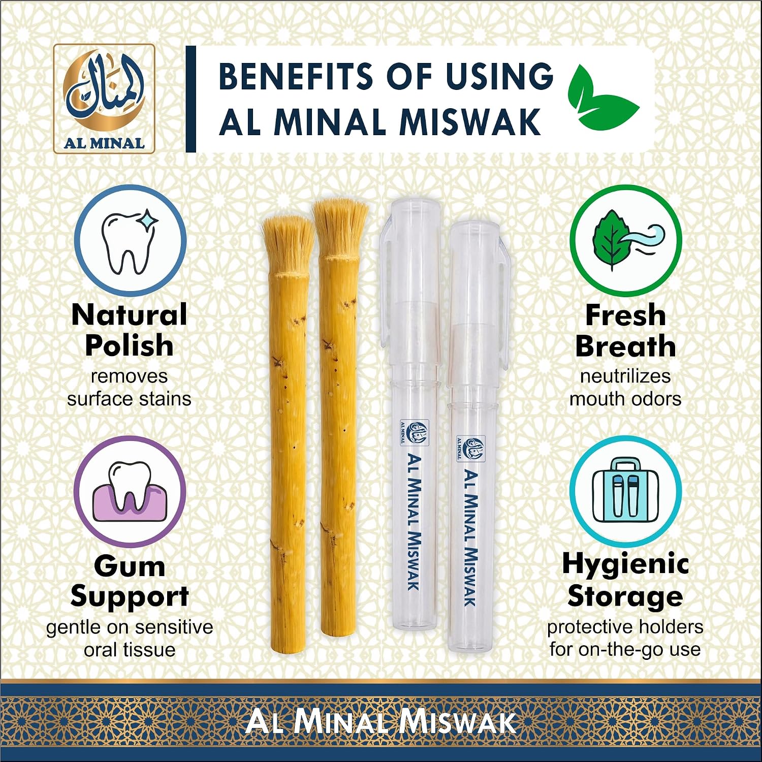 Miswak Sticks for Teeth, 6 Pcs with 2 Holders, Natural Sewak Vacuum Sealed
