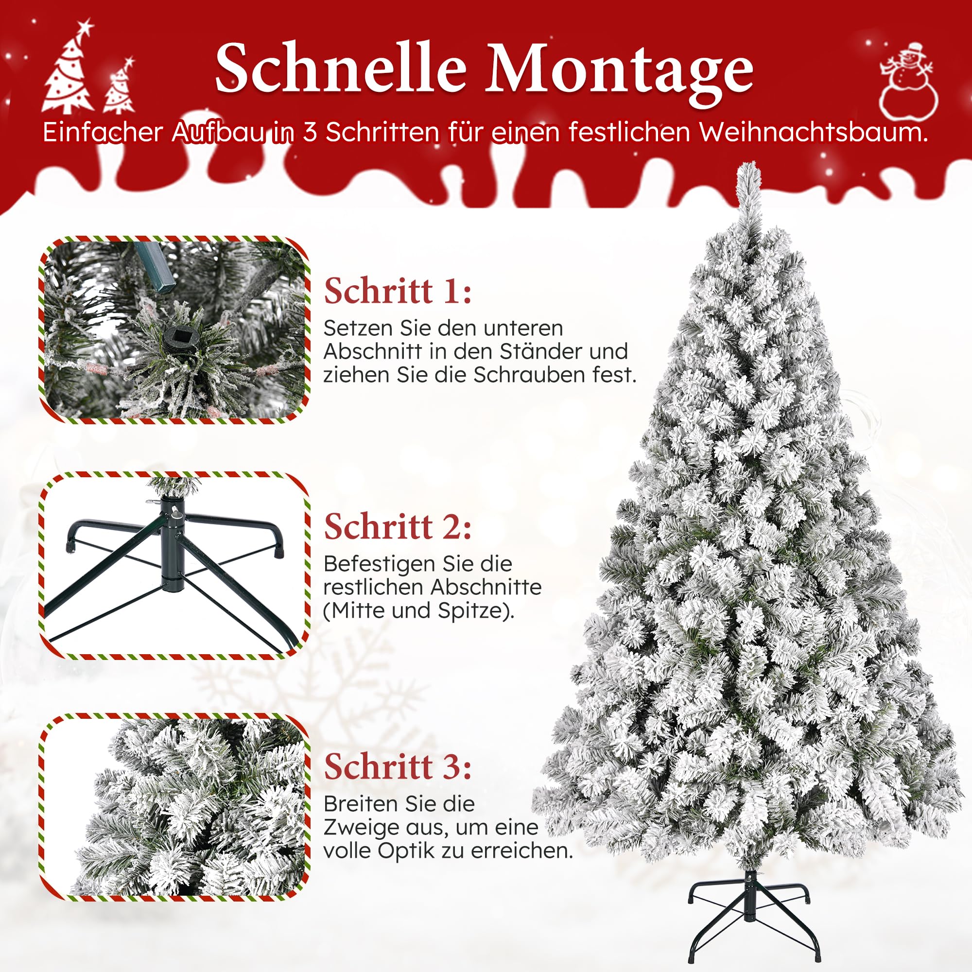 Weihnachtsbaum Künstlich 180 cm mit Schneezauber, Realistisches Naturgetreuer Tannenbaum mit Ständer, Weiß Flock Nordmanntanne 1000 Dichte Zweige, Christbaum Weihnachtsdeko