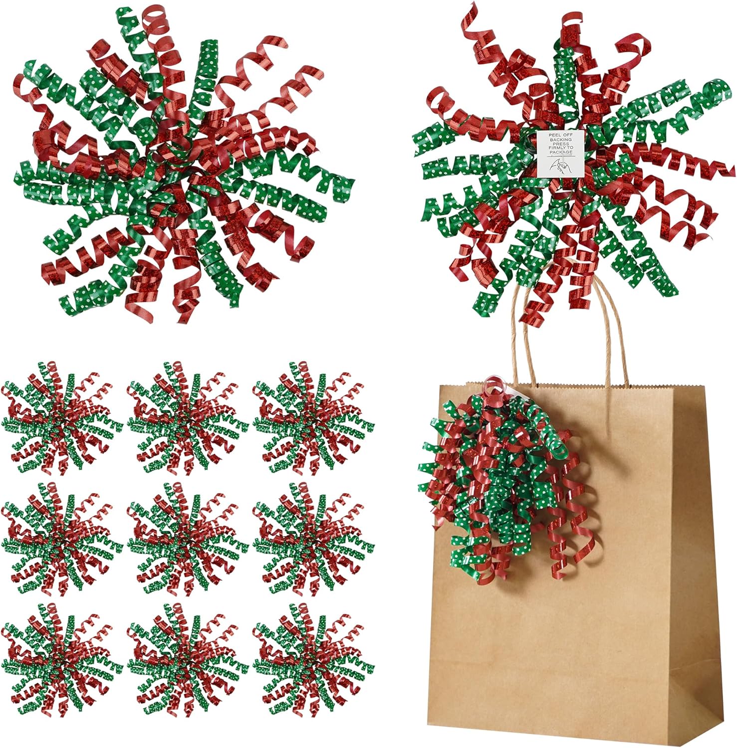 12 PCs Bows 5" Red and Green Bow Ornaments with White Dots, Self-Adhesive Curly Ribbon Bow, Gift Wrap Accessory, Metallic Christmas Bows, Colorful Gift Bows for Presents, Wine Bottle, Basket