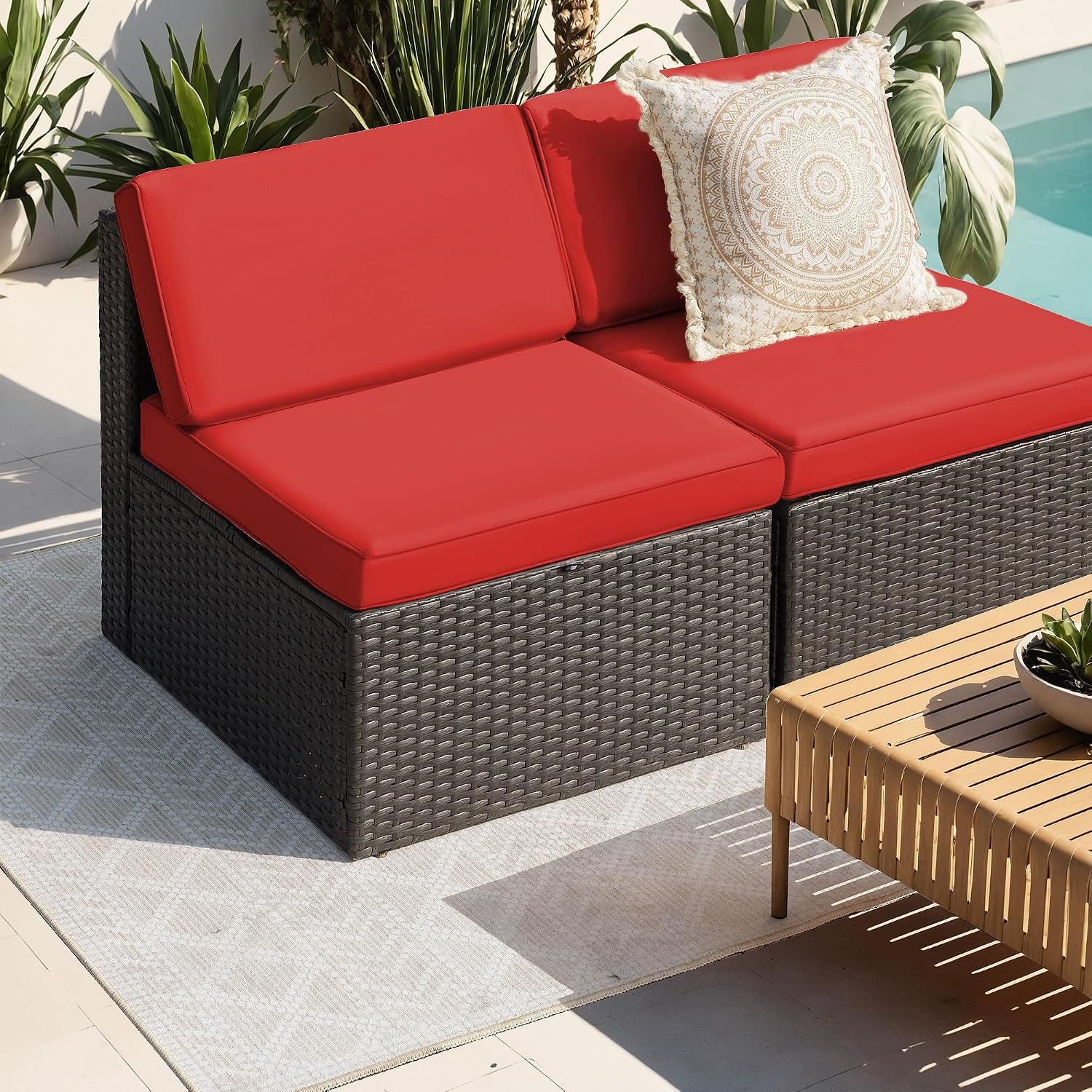 Greesum 2 Piece Patio Conversation Set Wicker Rattan Furniture Outdoor Sofa with Cushions,Pillows for Porch,Lawn and Yard, Red