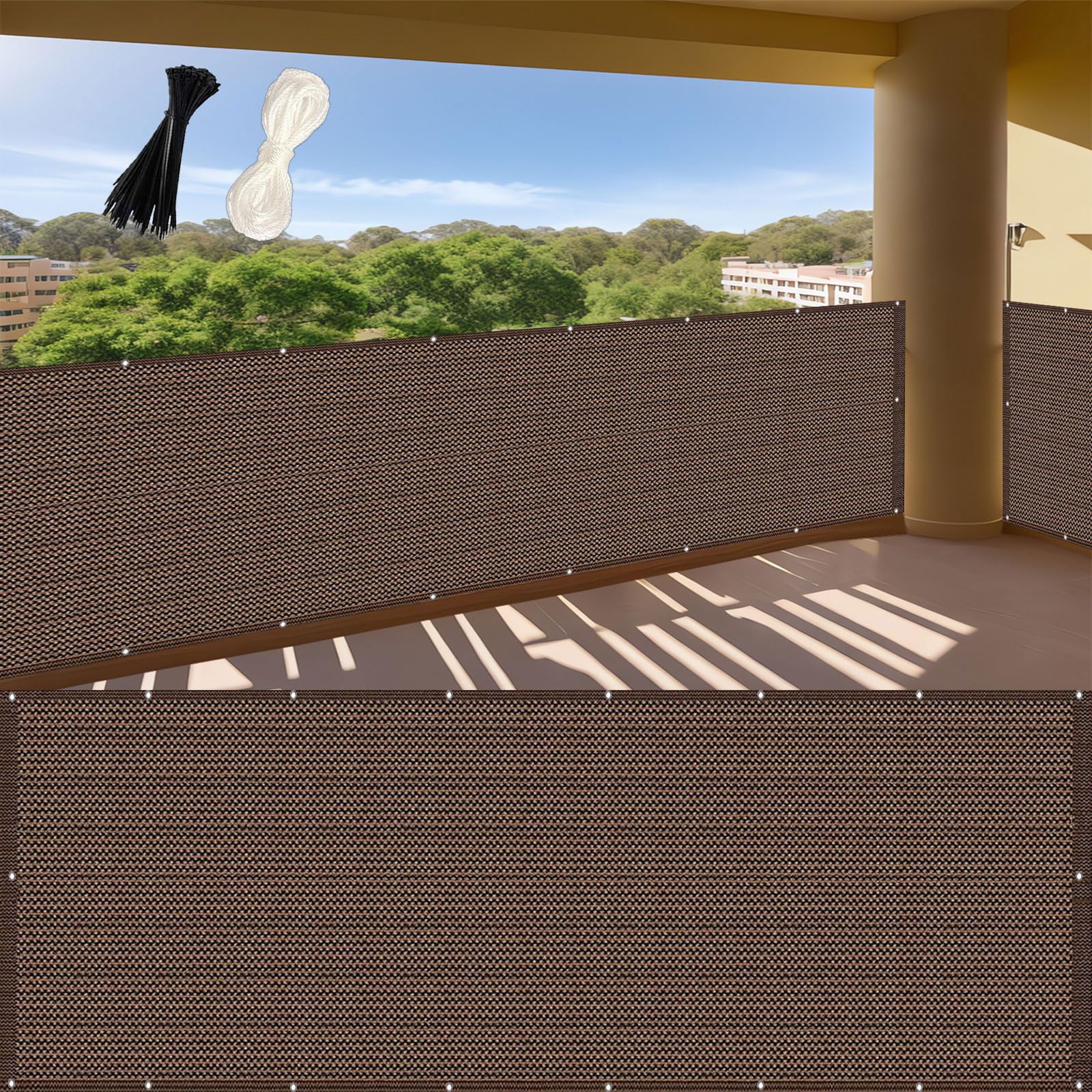 Brise vue 115 x 740 cm protection UV rideau occultant balcon avec attaches brun