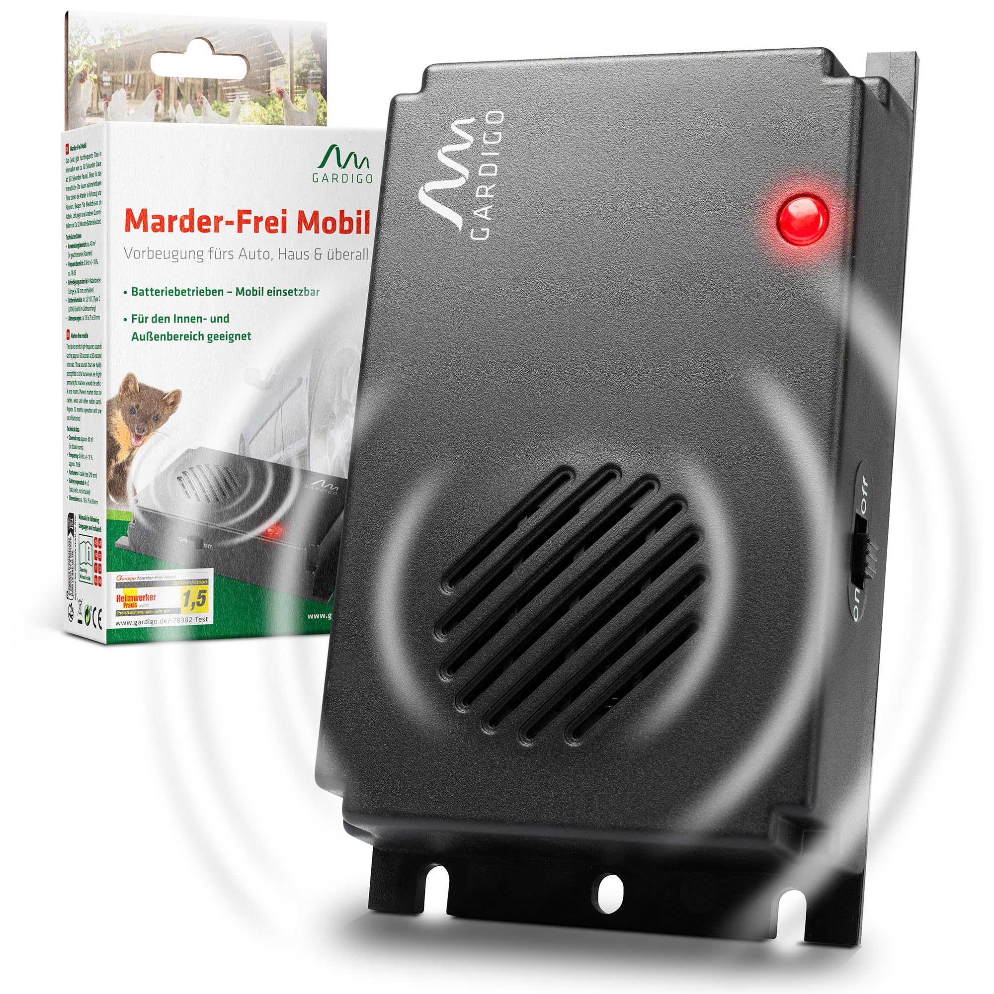 GARDIGO® Marderschreck Marder-Frei Mobil | Ultraschall Marderabwehr | Marderschreck Auto Batteriebetrieben | Marderschutz für KFZ, Motorraum, Dachboden, Haus, Garten | Intervallschaltung