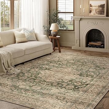 HUGEAR Vintage Rugs Living Room Green Large Area Rug 160x230cm Non Slip Washable Hall Lounge Bedroom Kitchen Office Dining Room Indoor Carpet Low Pile Big Carpets