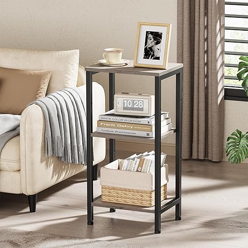 Miniatura 37 de Mesa auxiliar alta con estación de carga, mesita de noche estrecha de 3 niveles con almacenamiento, mesa auxiliar delgada con puertos USB y salidas